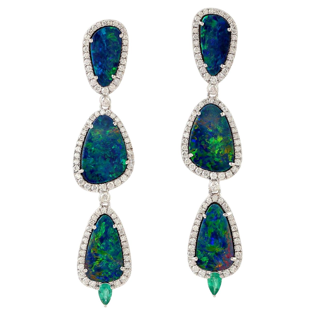 14.11 Carat Opal Emerald Diamond 18 Karat Gold Triple Drop Earrings For Sale