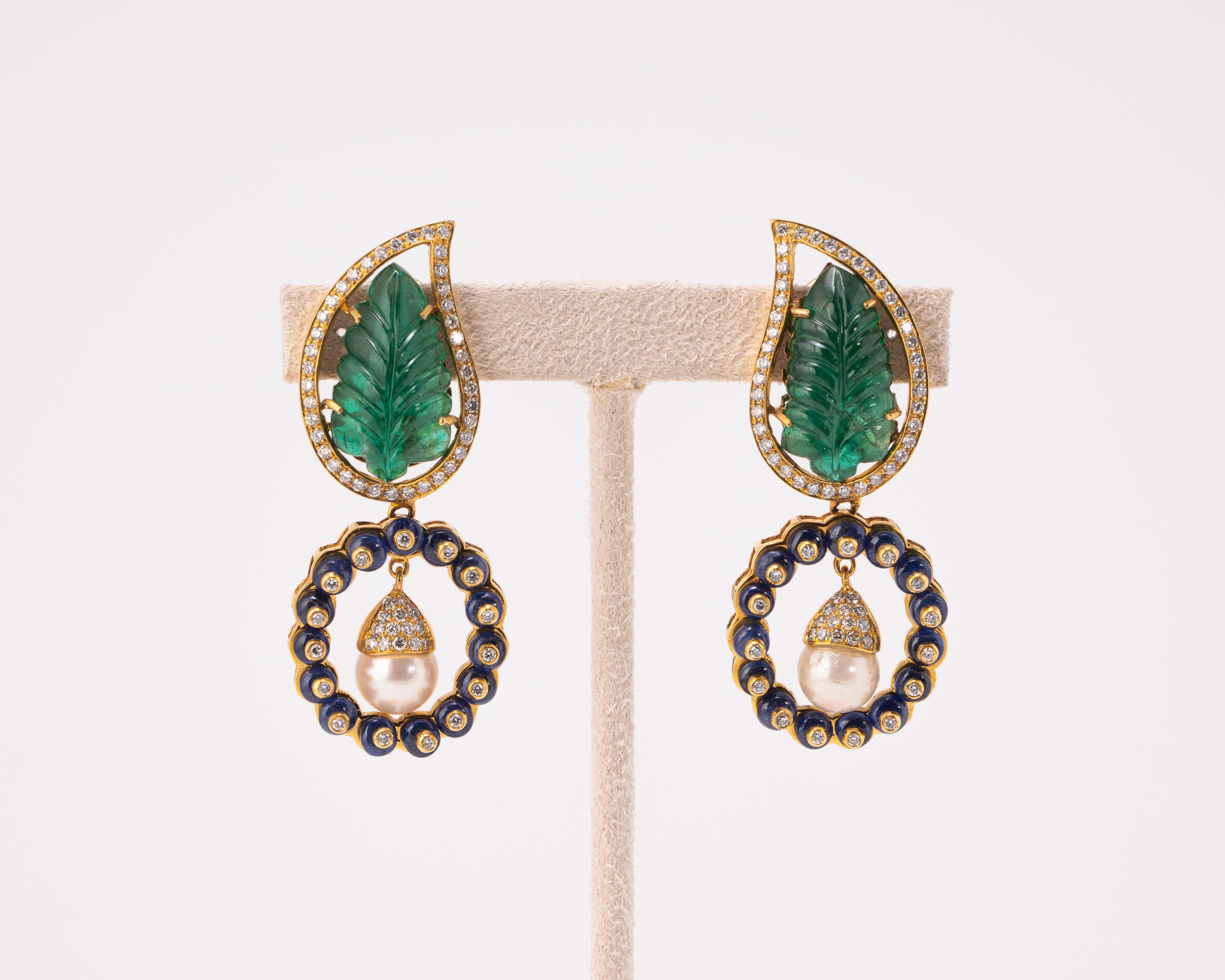 Art Deco 14.12 Carat Carved Emerald, Pearl and Sapphire Dangle Earring For Sale
