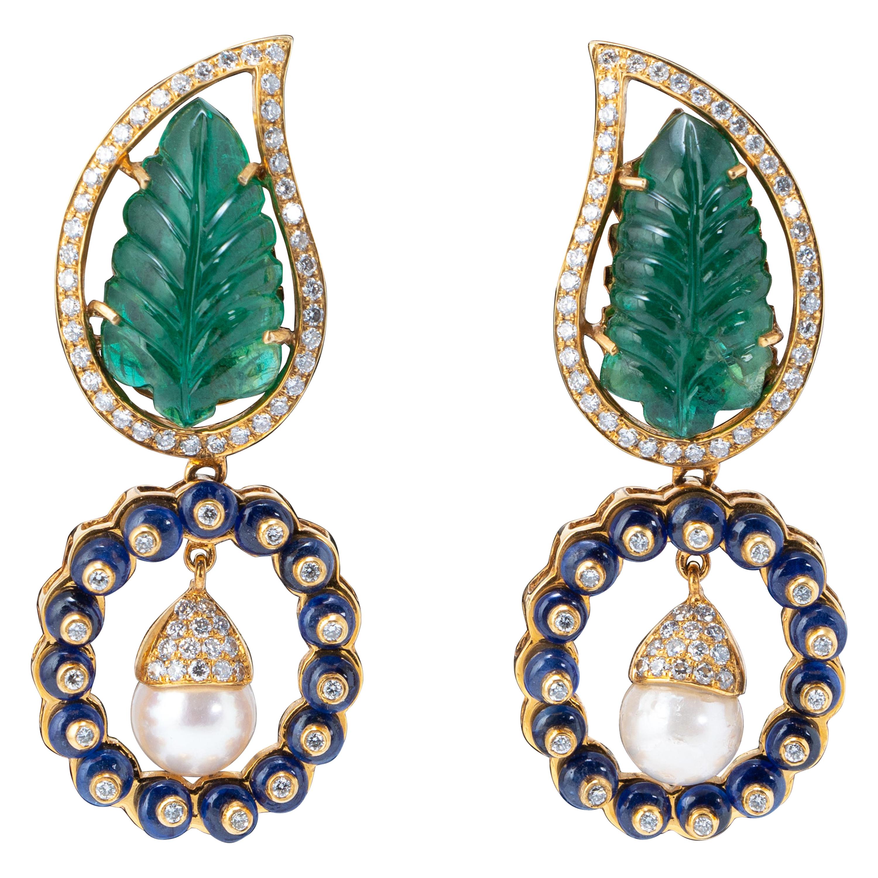 14.12 Carat Carved Emerald, Pearl and Sapphire Dangle Earring