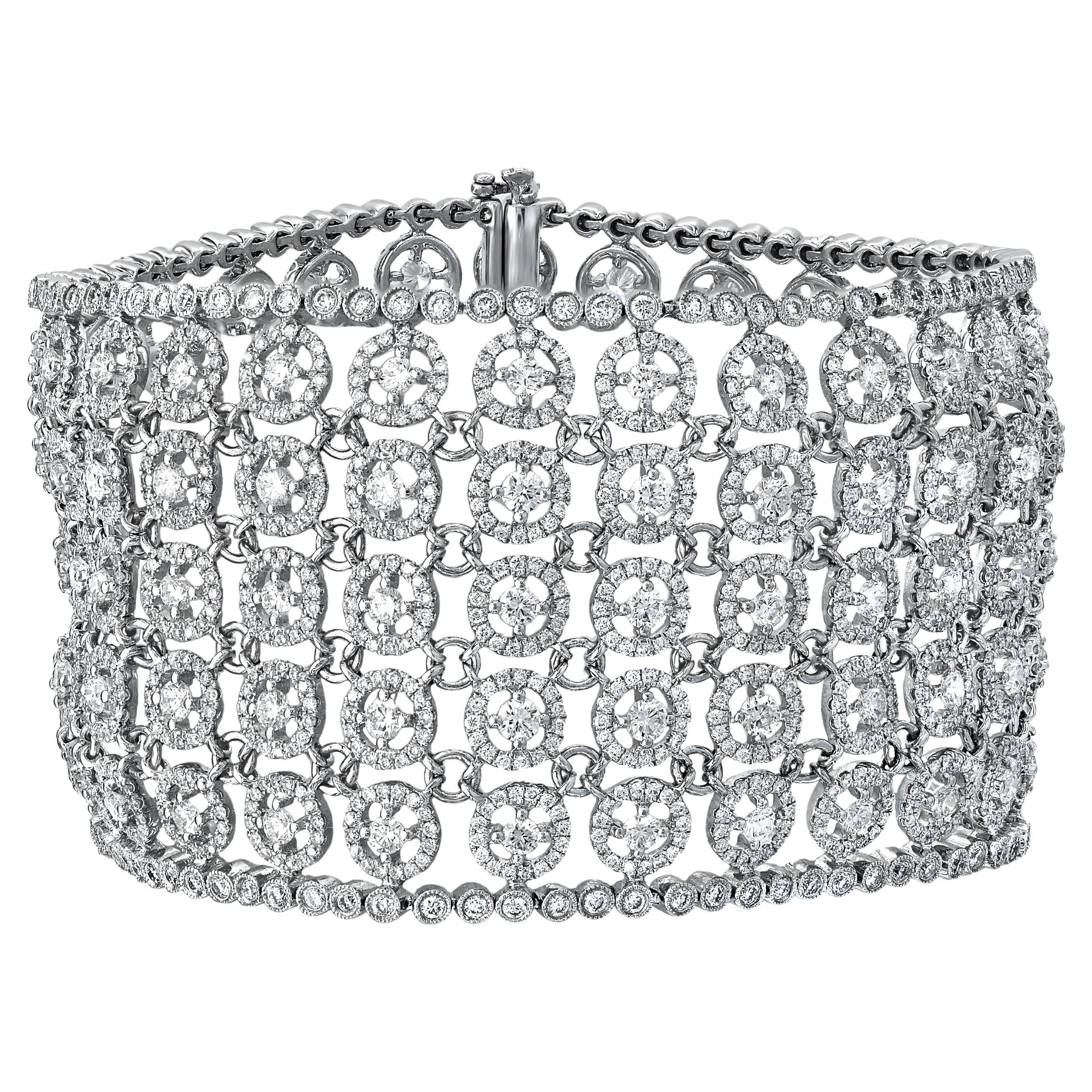 14.12 Carat Natural Diamond Lace Array Cuff Bracelet in 18k White Gold ref201 For Sale