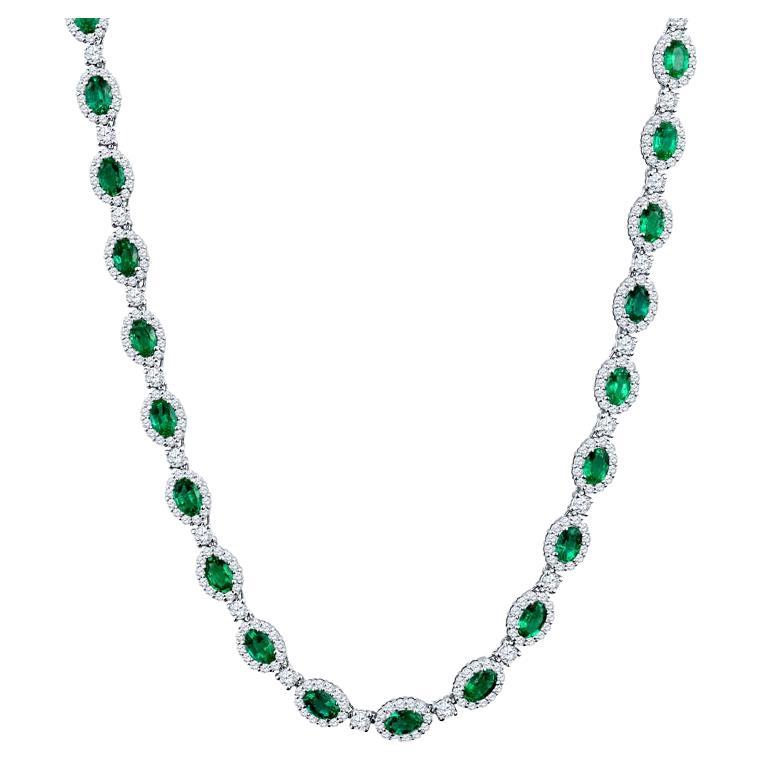 14.12 Carat Total Weight Oval Cut Emerald & 8.66ctw Round Diamond Necklace For Sale