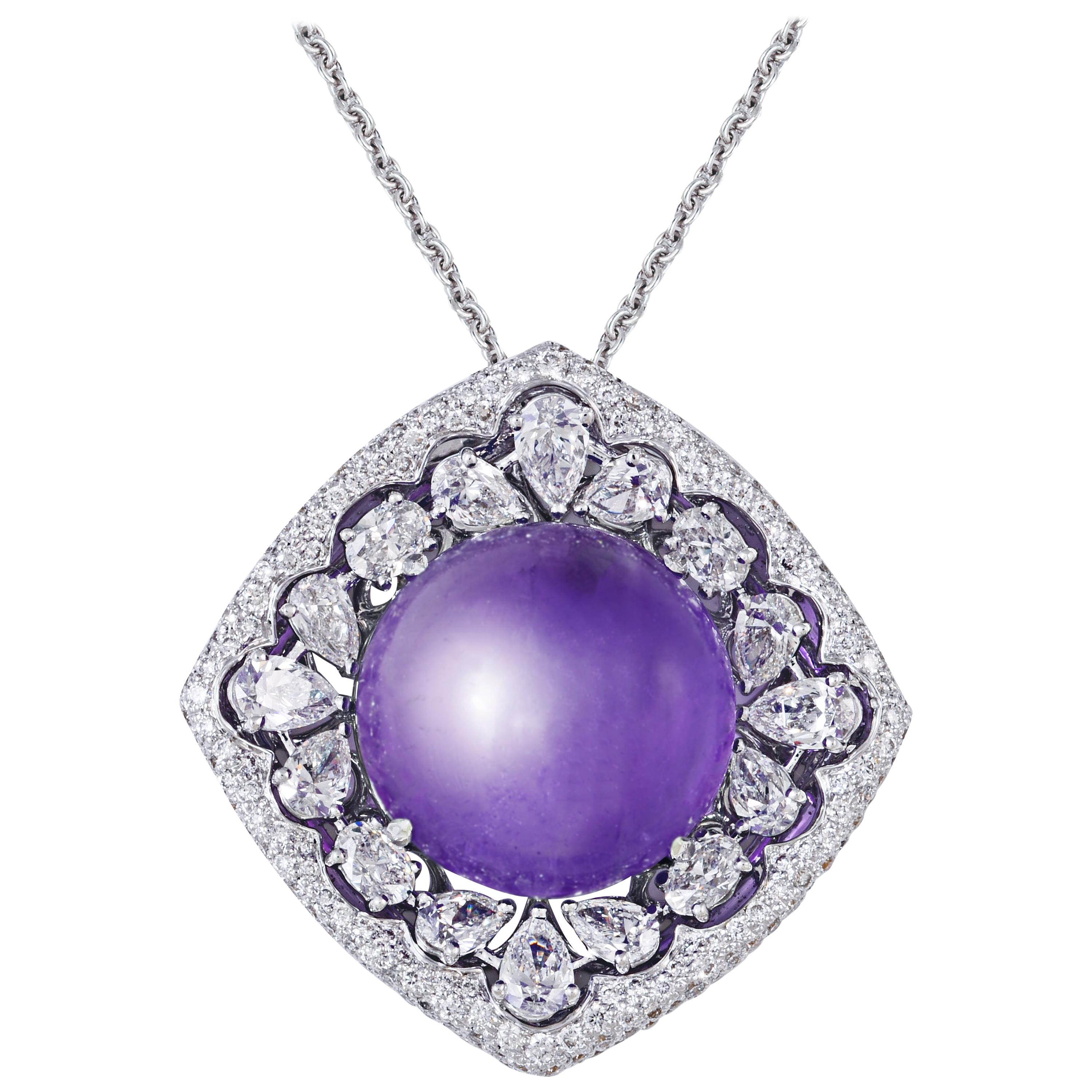 14.12 carats Amethyst cabochon Pendant with Rosecut & Round diamonds with Chain 