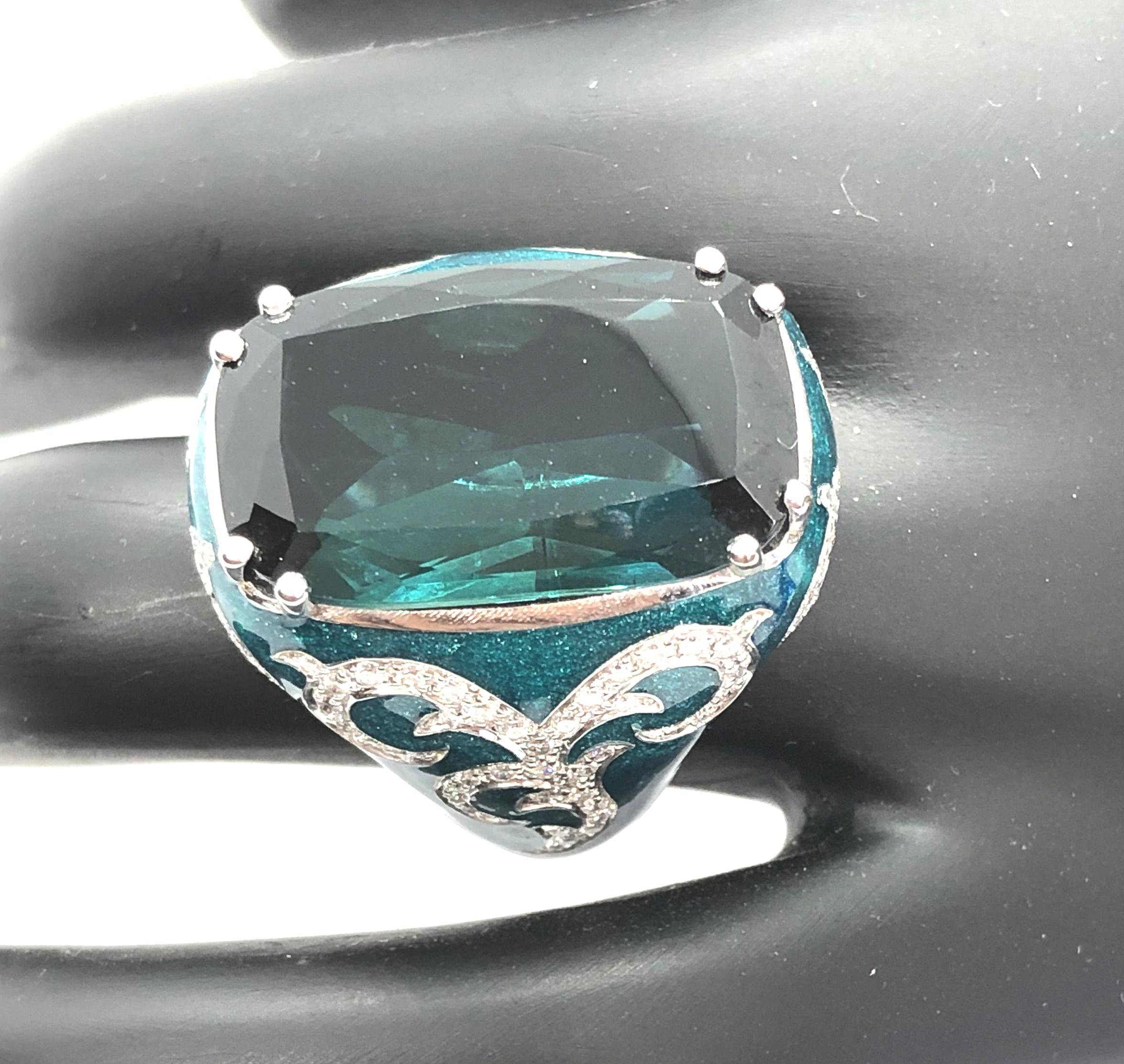 14.12 Carat Green Blue Tourmaline Gold 18 Carat Cocktail Ring Diamonds Enamel For Sale 5