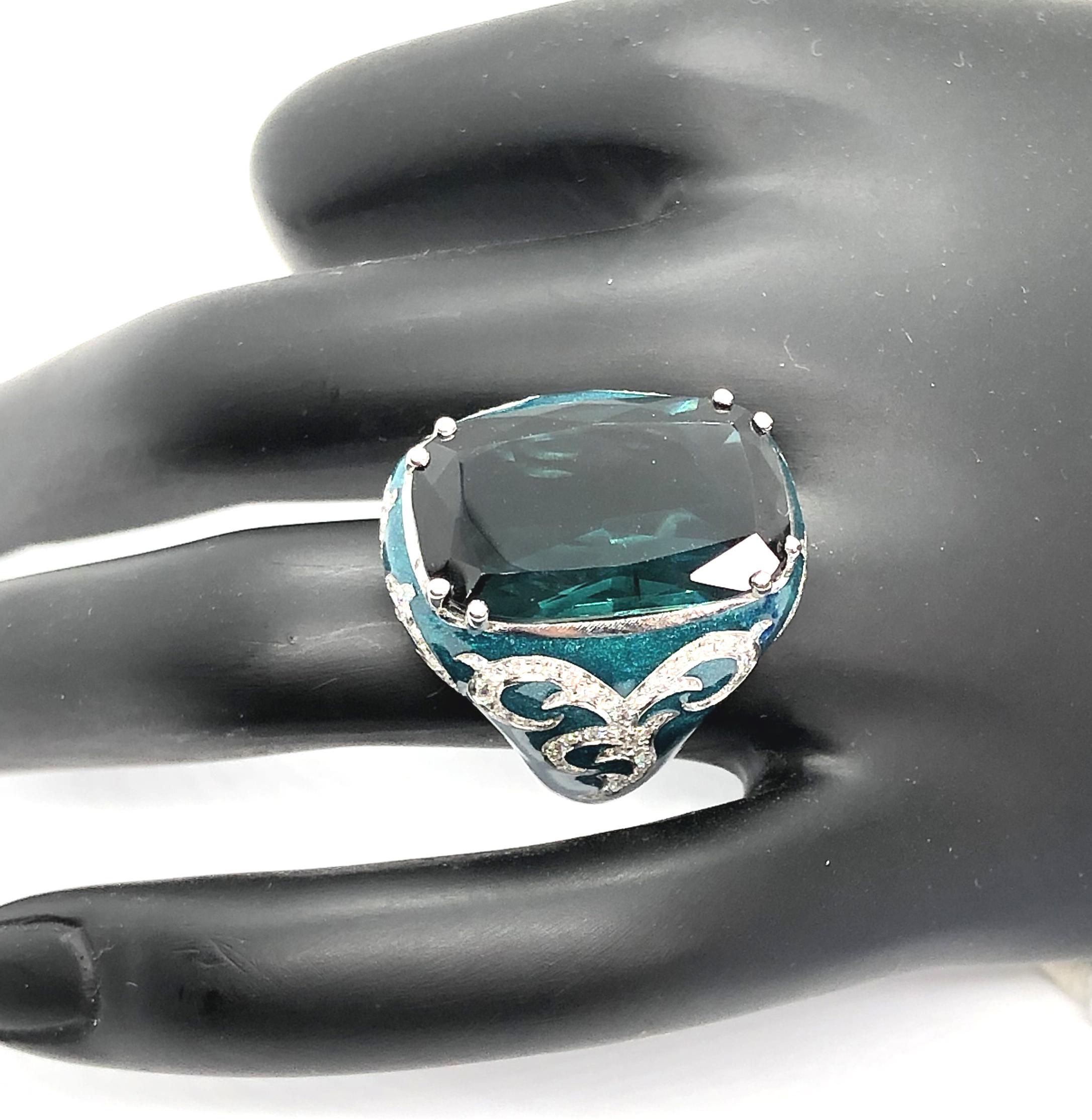 14.12 Carat Green Blue Tourmaline Gold 18 Carat Cocktail Ring Diamonds Enamel For Sale 6