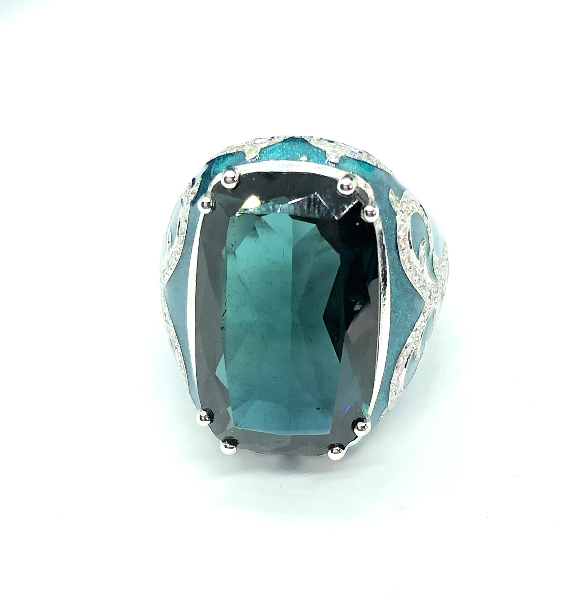 14.12 Carat Green Blue Tourmaline Gold 18 Carat Cocktail Ring Diamonds Enamel For Sale 10