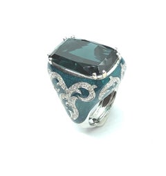 14.12 Carat Green Blue Tourmaline Gold 18 Carat Cocktail Ring Diamonds Enamel