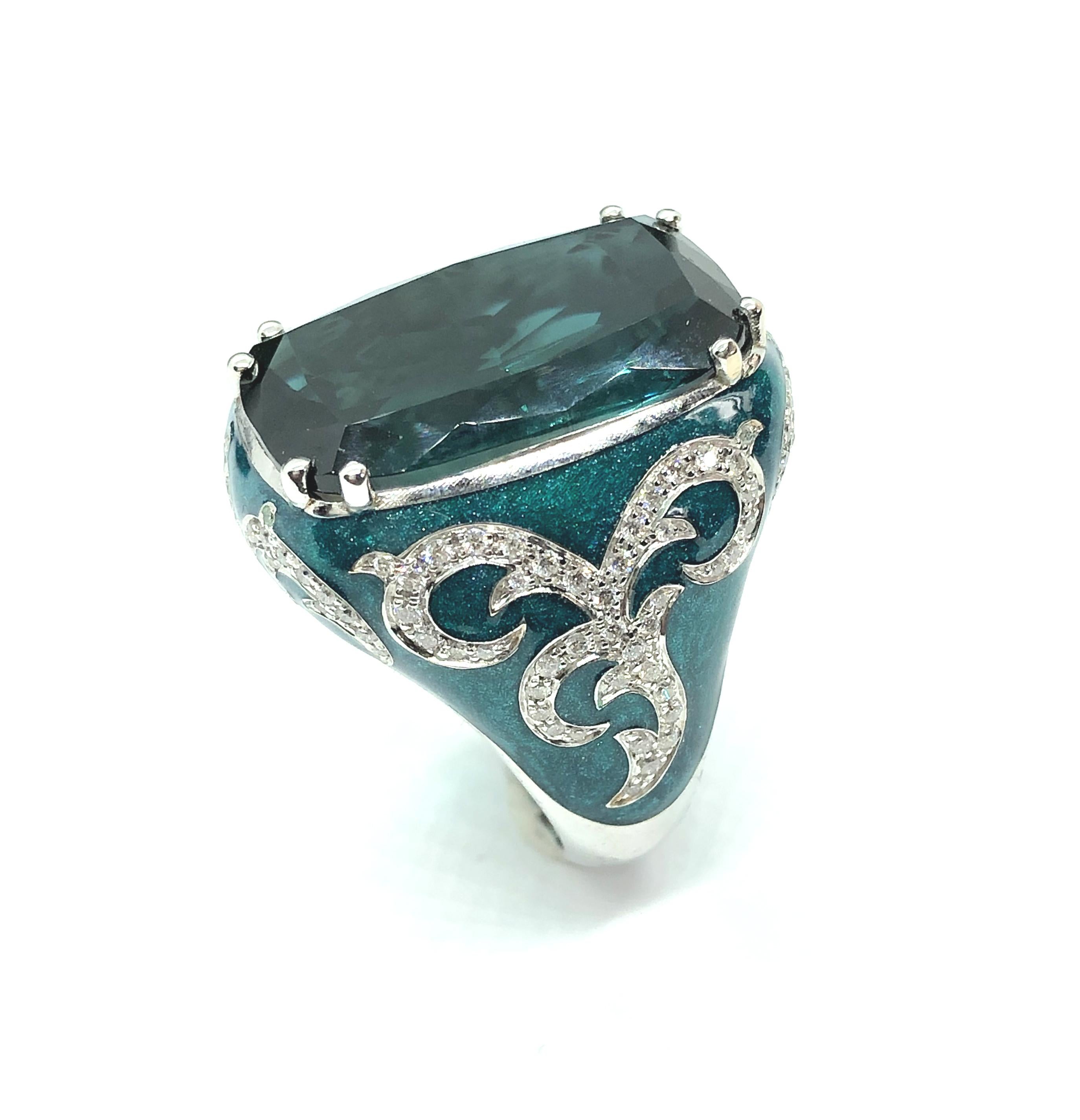 Contemporary 14.12 Carat Green Blue Tourmaline Gold 18 Carat Cocktail Ring Diamonds Enamel For Sale