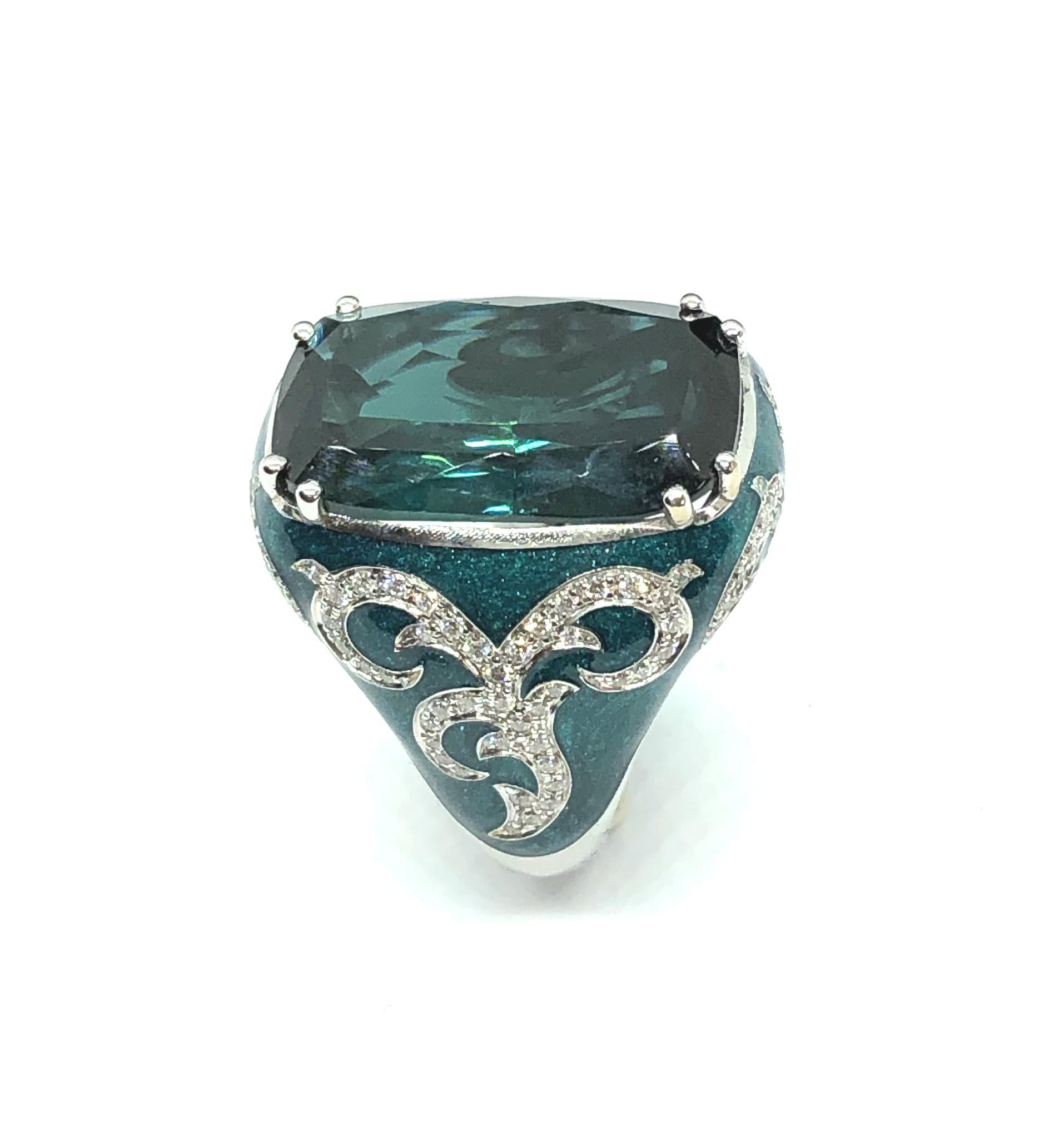 Cushion Cut 14.12 Carat Green Blue Tourmaline Gold 18 Carat Cocktail Ring Diamonds Enamel For Sale
