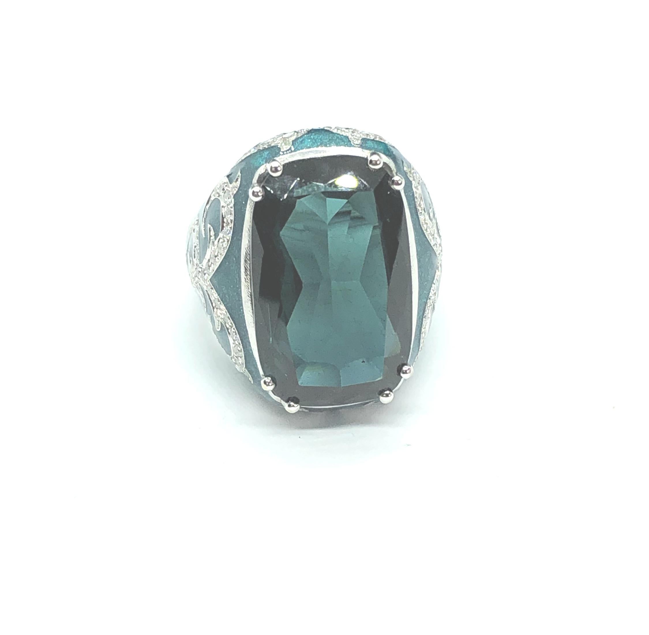 Women's 14.12 Carat Green Blue Tourmaline Gold 18 Carat Cocktail Ring Diamonds Enamel For Sale