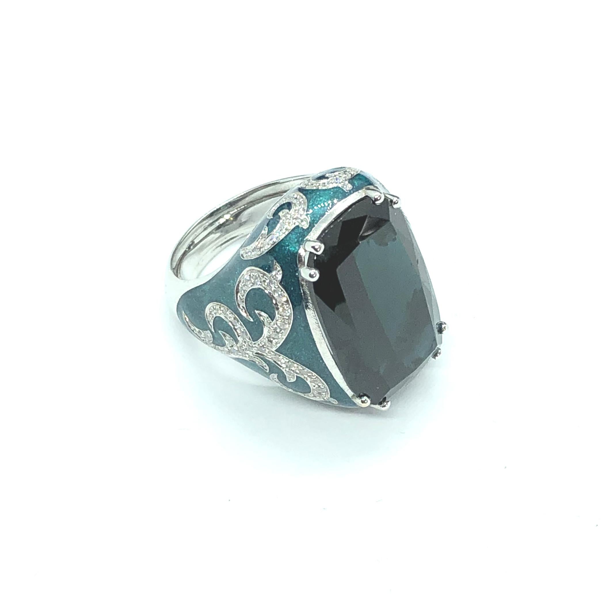 14.12 Carat Green Blue Tourmaline Gold 18 Carat Cocktail Ring Diamonds Enamel For Sale 1