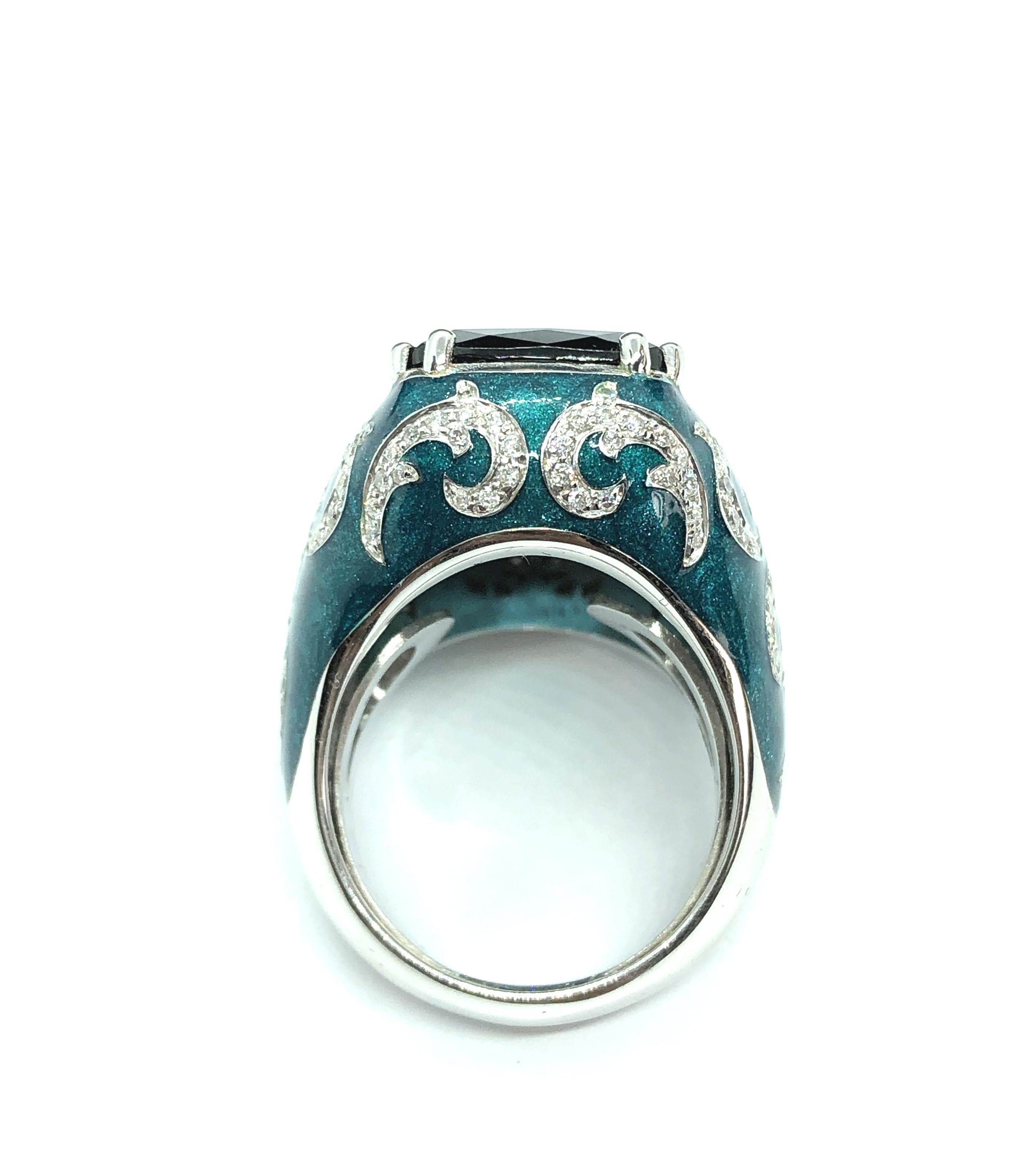14.12 Carat Green Blue Tourmaline Gold 18 Carat Cocktail Ring Diamonds Enamel For Sale 2