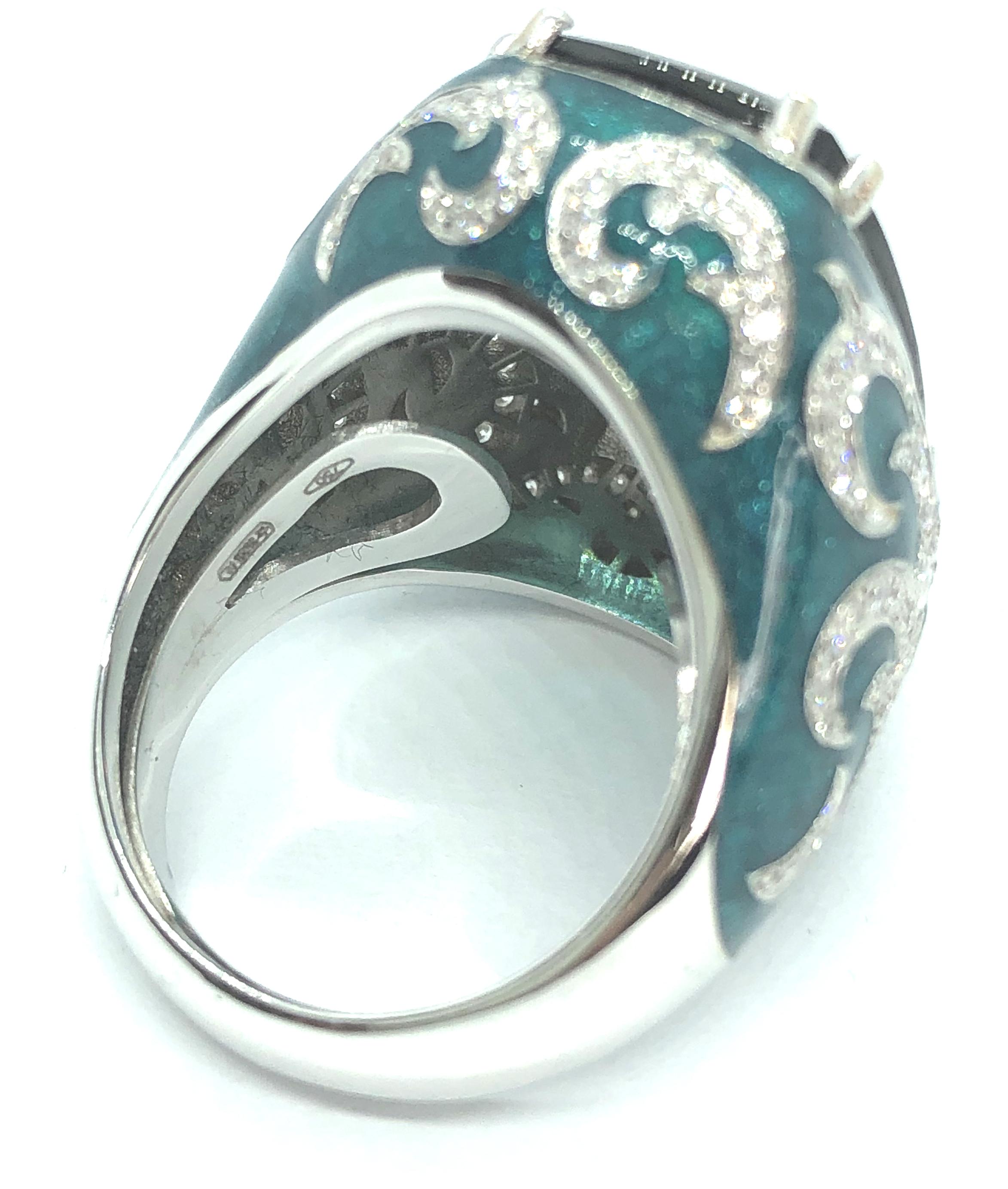 14.12 Carat Green Blue Tourmaline Gold 18 Carat Cocktail Ring Diamonds Enamel For Sale 3