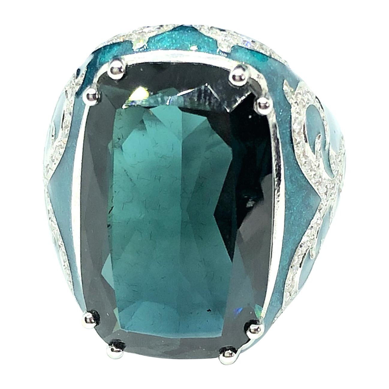 14.12 Carat Green Blue Tourmaline Gold 18 Carat Cocktail Ring Diamonds Enamel For Sale