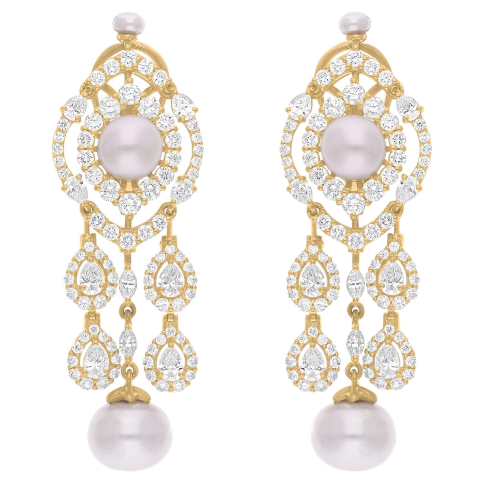 14.14 Carat Pearl 4.17 Carat SI/H Diamond Dangle Earrings 18 Karat Yellow Gold