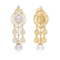 14.14 Carat Pearl Chandelier Earrings 4.17 Ct SI/H Diamond 18 Karat Yellow Gold