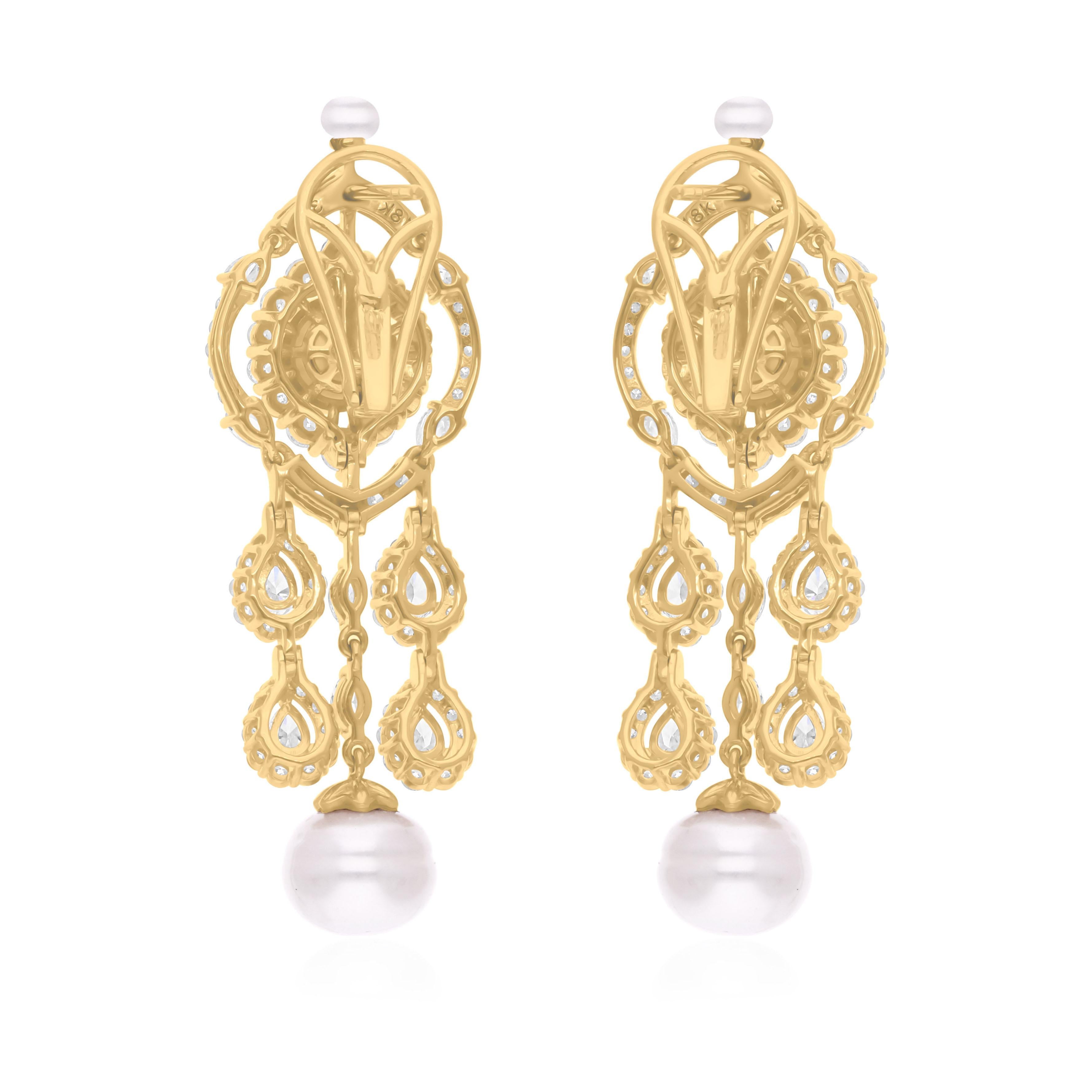 Taille ronde Boucles d'oreilles chandelier en or jaune 18 carats avec perles 14,14 carats et diamants 4,17 carats SI/H en vente