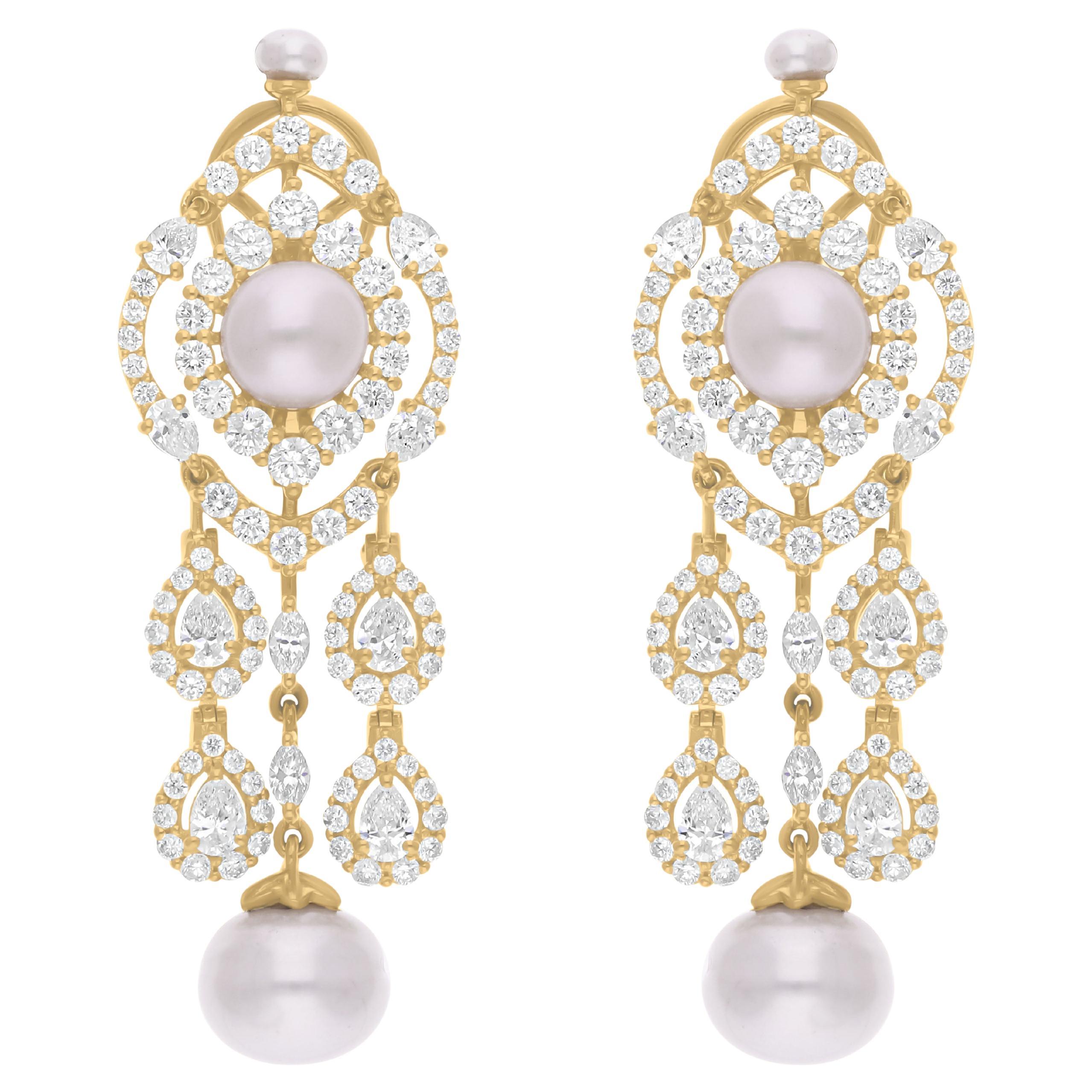 14.14 Carat Pearl Chandelier Earrings 4.17 Ct SI/H Diamond 18 Karat Yellow Gold