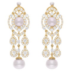 Boucles d'oreilles chandelier en or jaune 18 carats avec perles 14,14 carats et diamants 4,17 carats SI/H