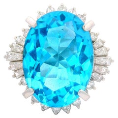 14.16 Carat Blue Topaz Diamond Platinum Ring