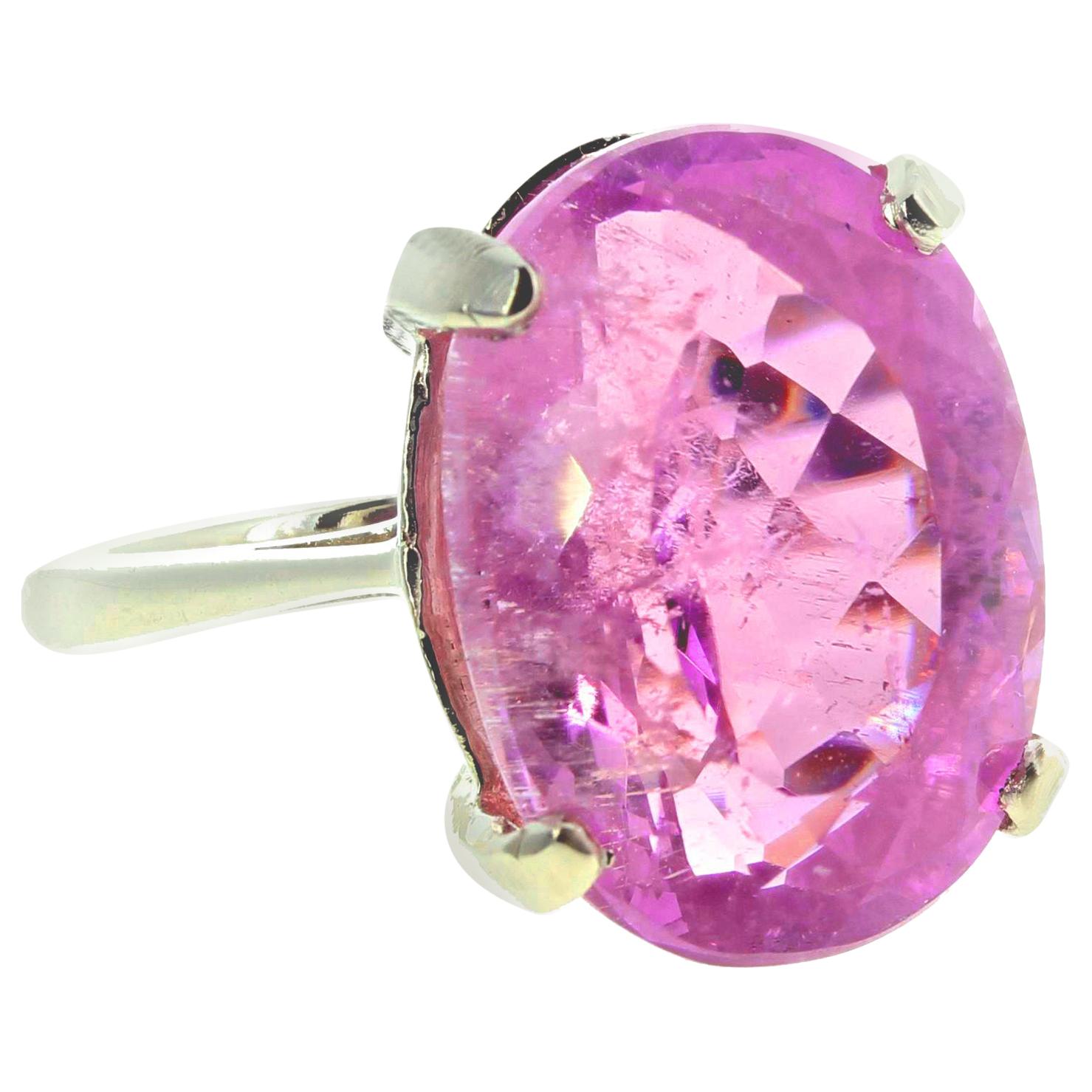 AJD Extraordinarily Rare Clear 14.16Ct PinkyPurple Sparkling Kunzite Silver Ring For Sale