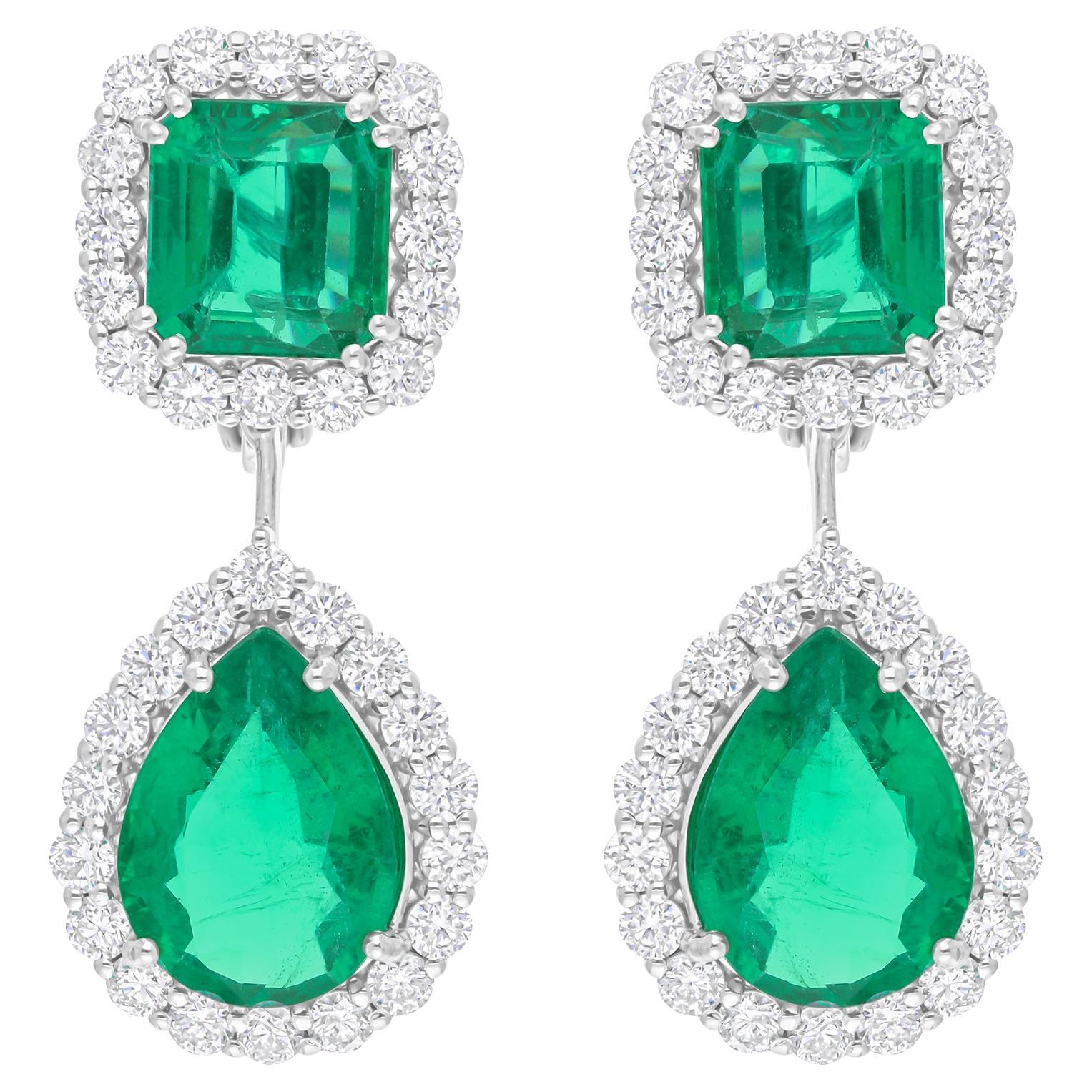 14.16 TCW Real Zambian Emerald H/SI Round Diamond 14K White Gold Dangle Earrings