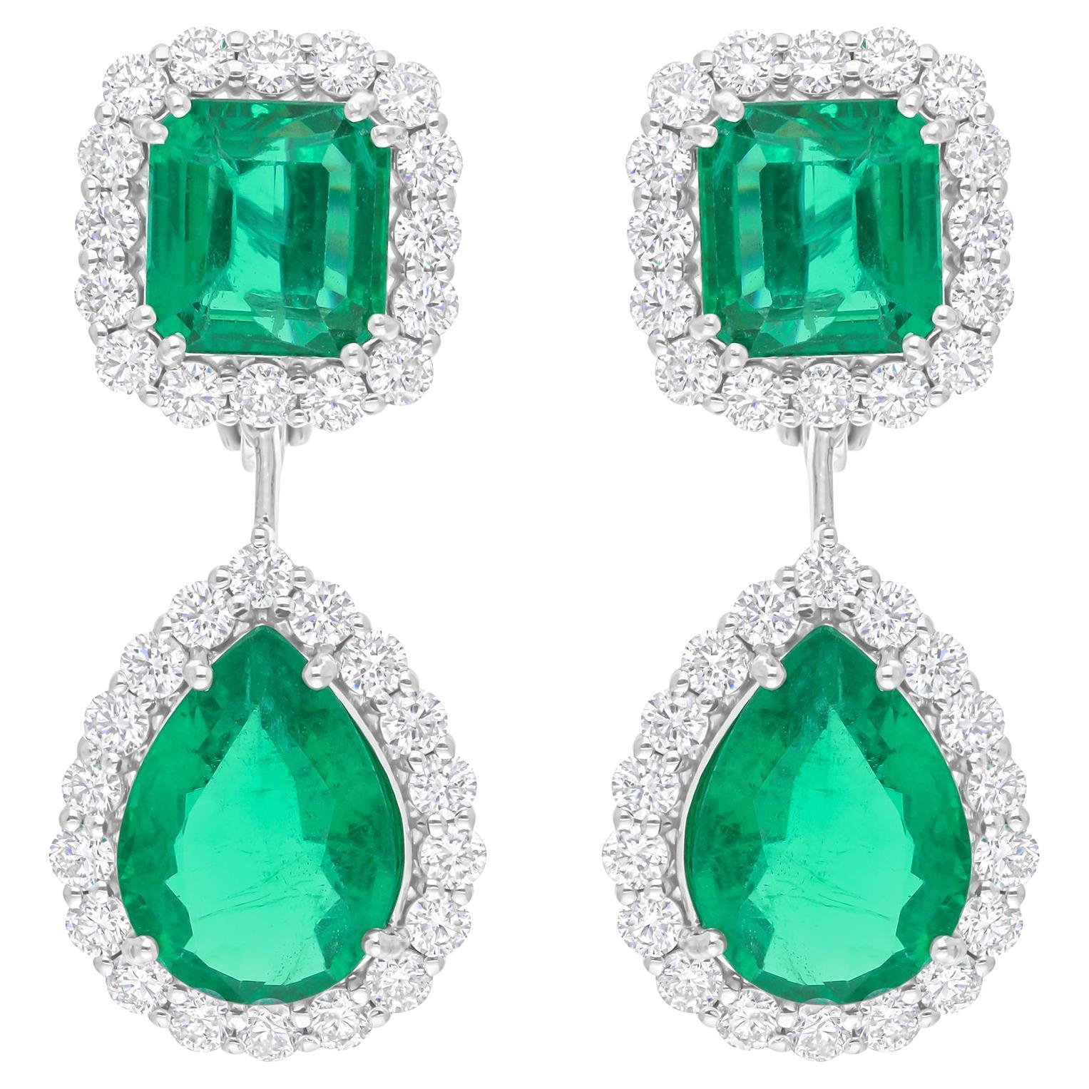 Orecchini pendenti in oro bianco 14,16 TCW con smeraldo reale dello Zambia H/SI e diamanti rotondi 14 carati