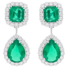 Orecchini pendenti in oro bianco 14,16 TCW con smeraldo reale dello Zambia H/SI e diamanti rotondi 14 carati