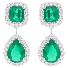 14.16 TCW Real Zambian Emerald H/SI Round Diamond 18K White Gold Dangle Earrings