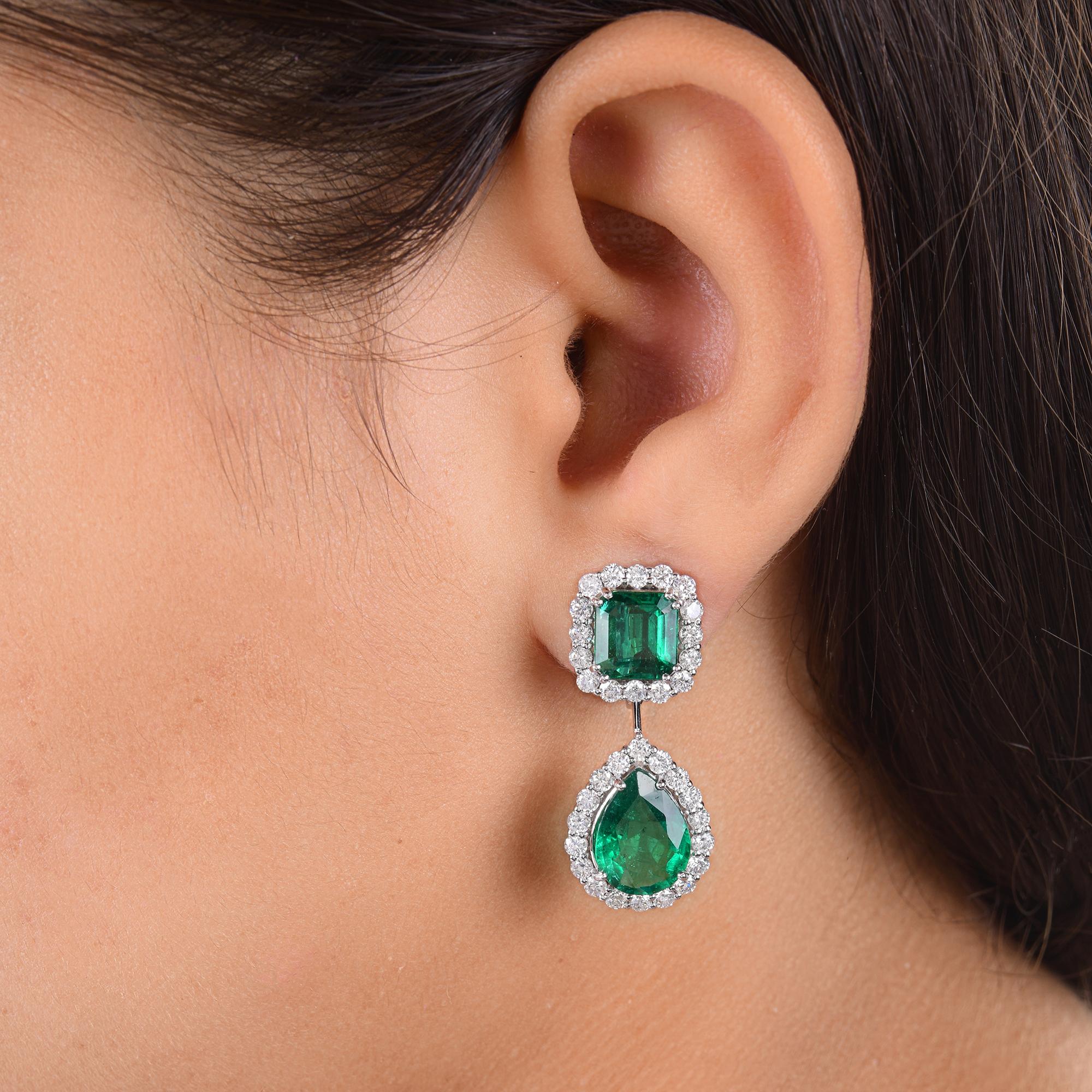 Modern 14.16 TCW Real Zambian Emerald H/SI Round Diamond 18K White Gold Dangle Earrings For Sale