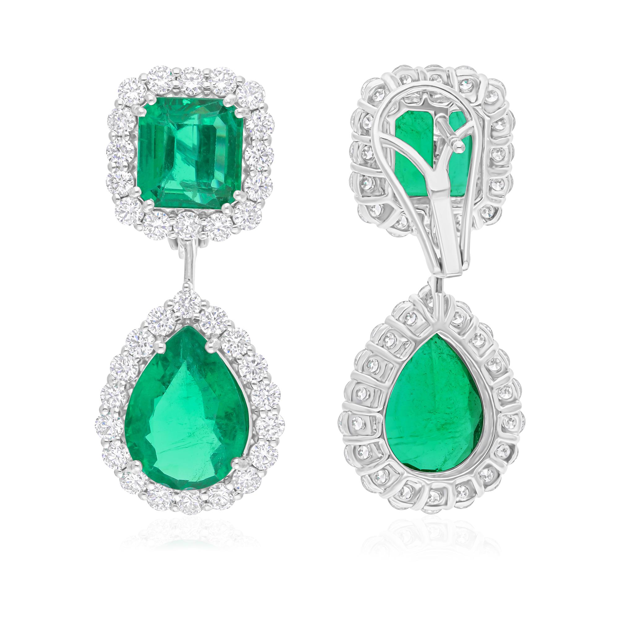 Round Cut 14.16 TCW Real Zambian Emerald H/SI Round Diamond 18K White Gold Dangle Earrings For Sale