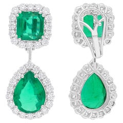 14.16 TCW Real Zambian Emerald H/SI Round Diamond 18K White Gold Dangle Earrings