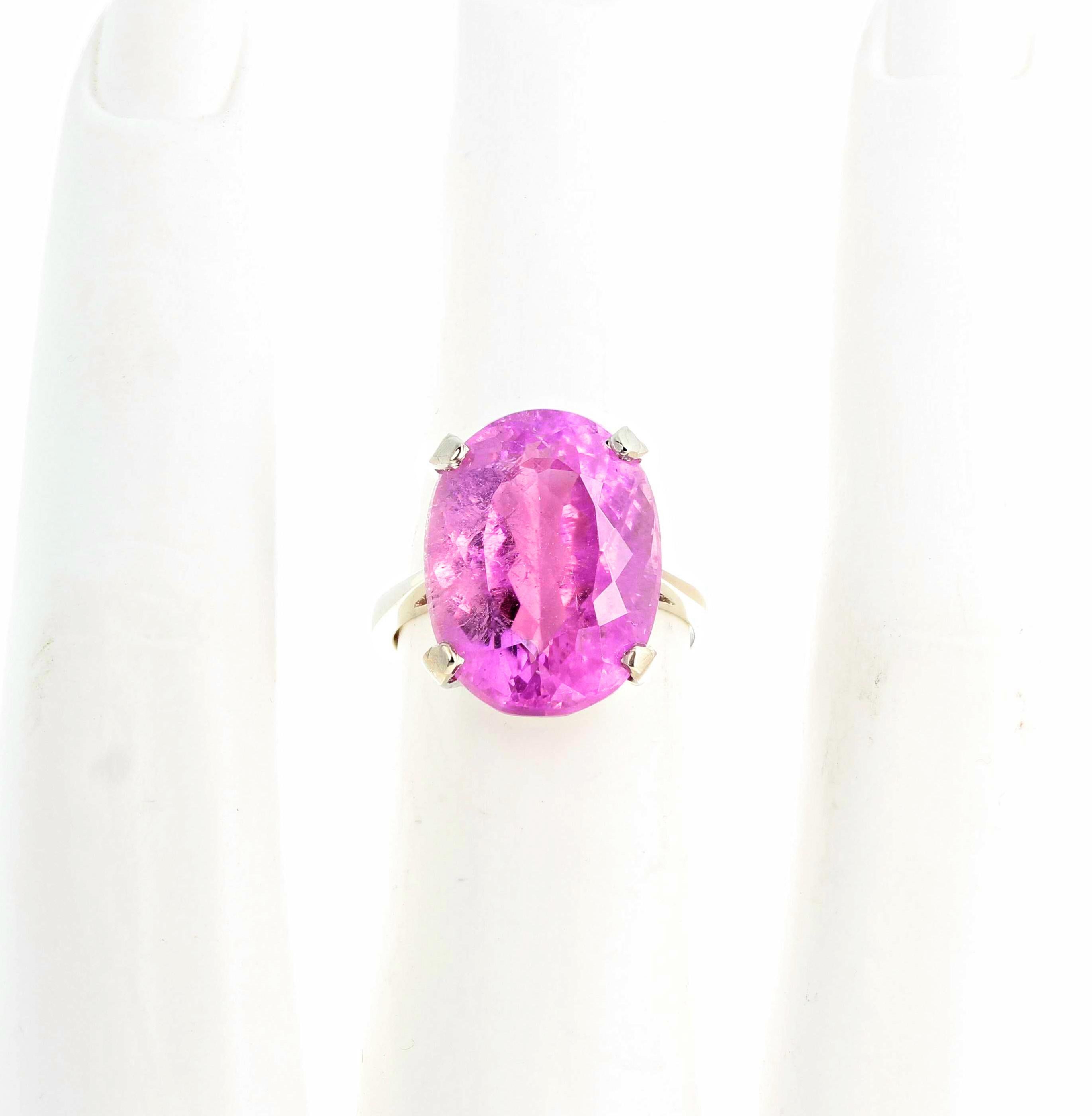 Oval Cut AJD Extraordinarily Rare Clear 14.16Ct PinkyPurple Sparkling Kunzite Silver Ring For Sale