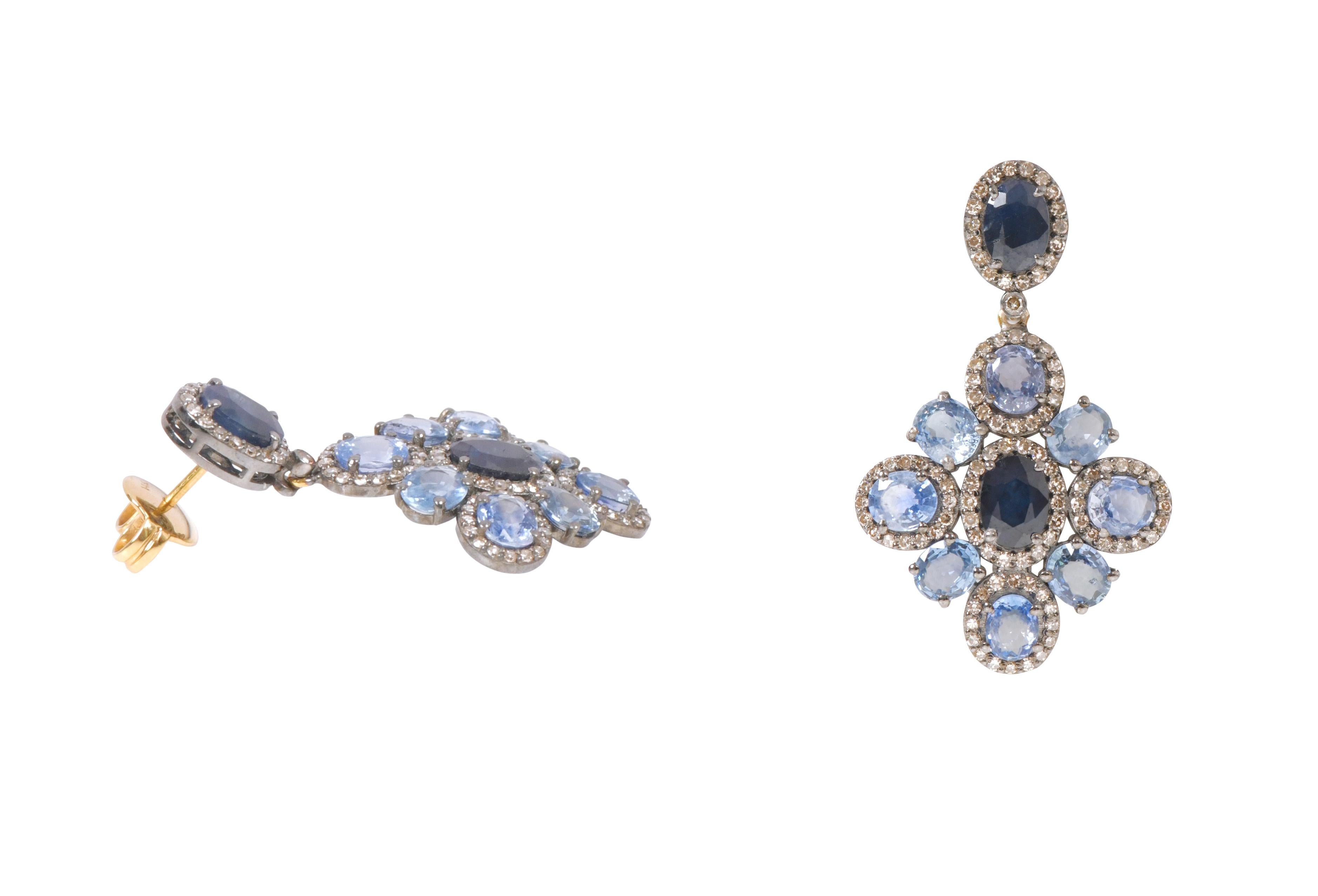 Contemporary 14.17 Carat Blue Sapphire and Diamond Dangle Earrings in Art-Deco Style For Sale