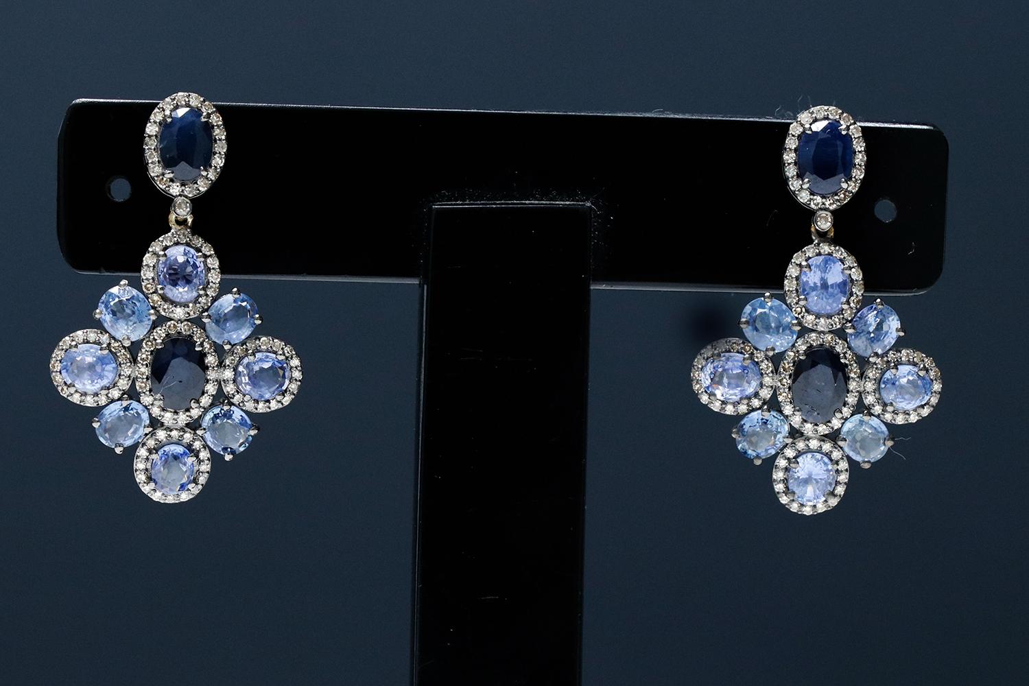 Oval Cut 14.17 Carat Blue Sapphire and Diamond Dangle Earrings in Art-Deco Style For Sale