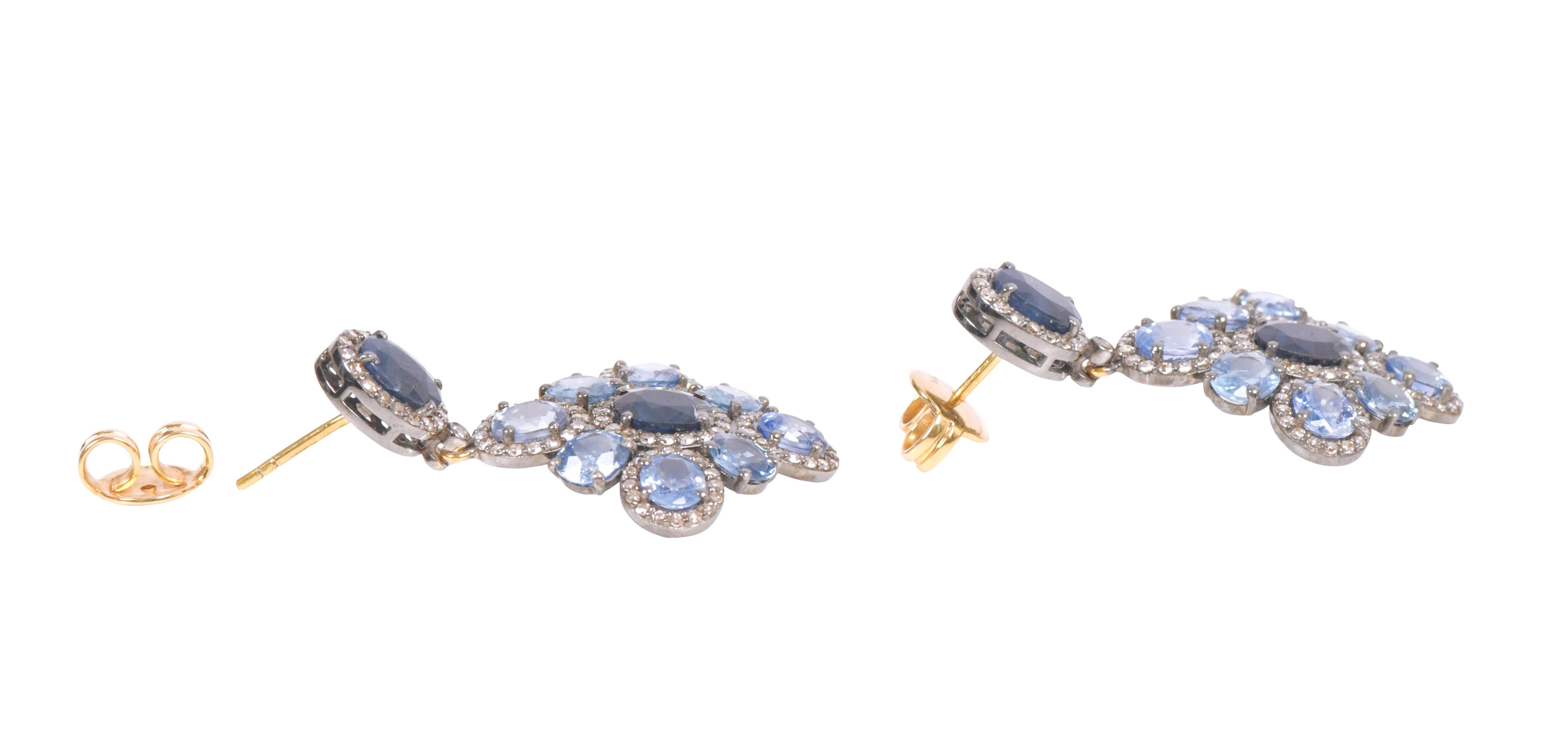 14.17 Carat Blue Sapphire and Diamond Dangle Earrings in Art-Deco Style In New Condition For Sale In Jaipur, IN
