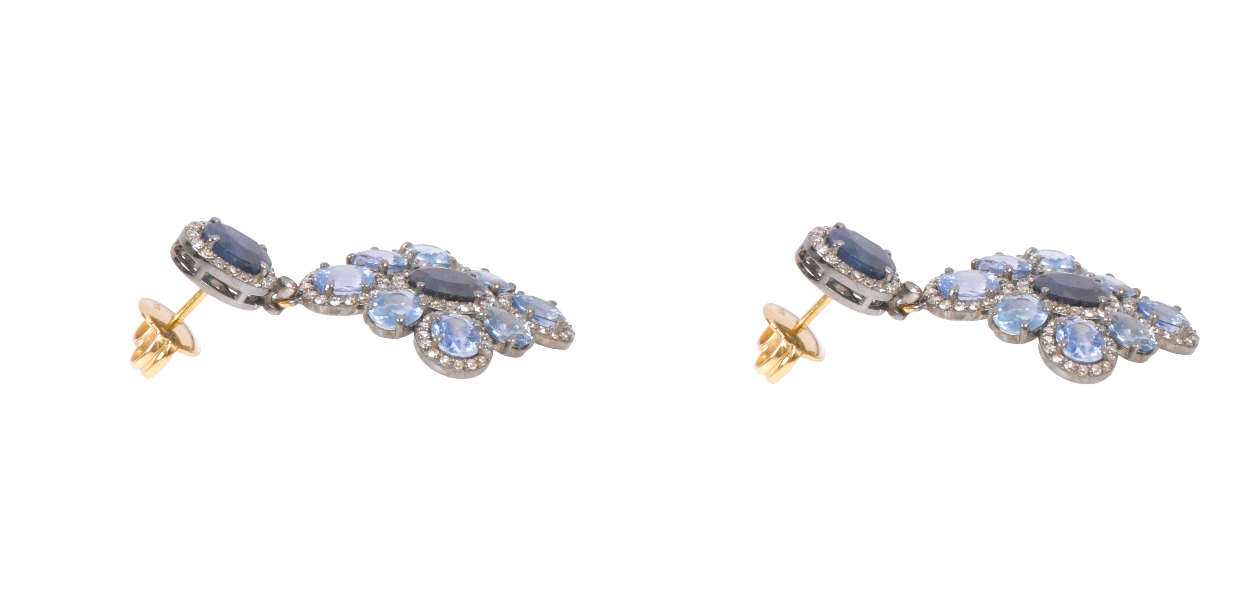Women's 14.17 Carat Blue Sapphire and Diamond Dangle Earrings in Art-Deco Style For Sale