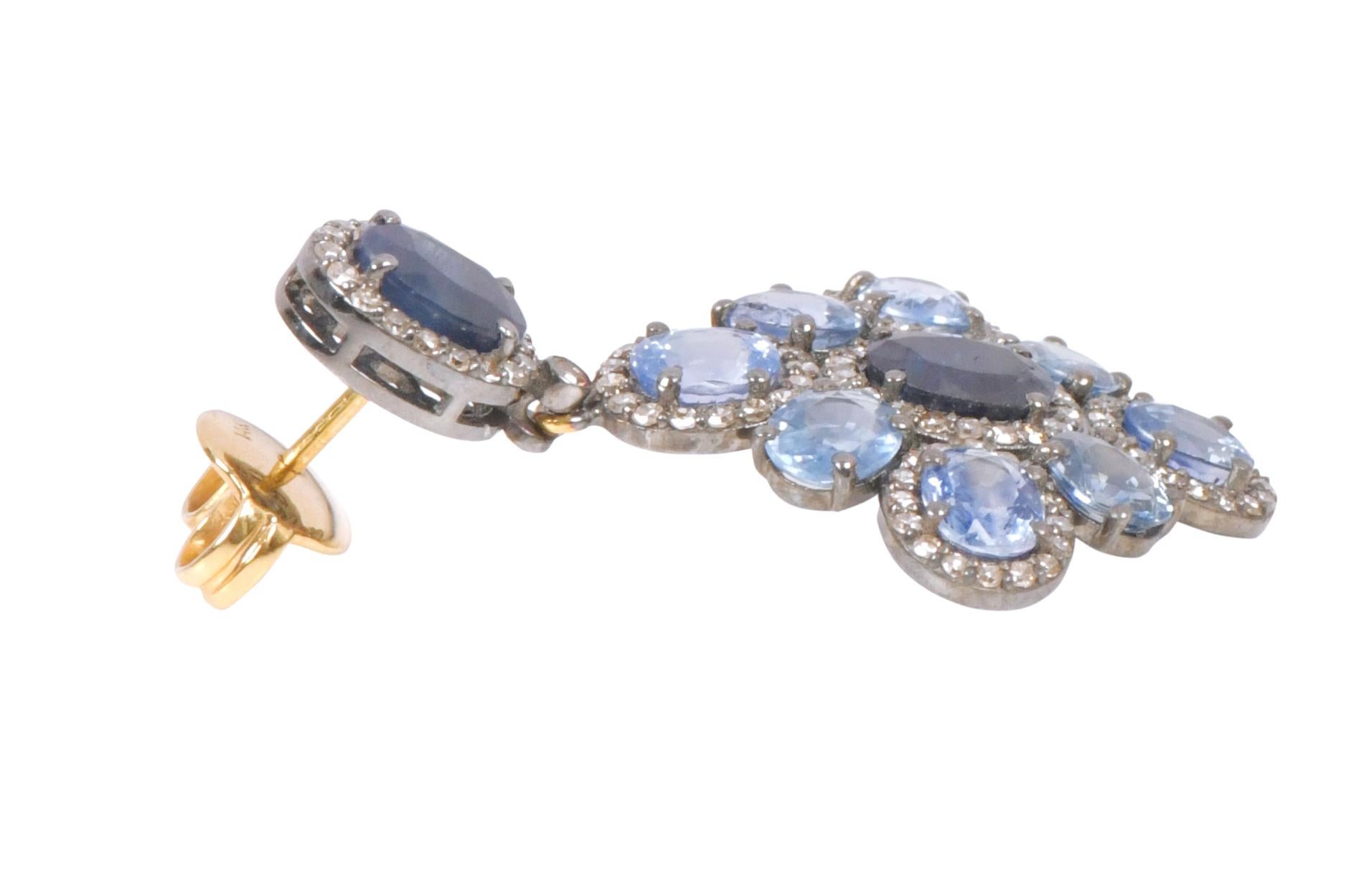 14.17 Carat Blue Sapphire and Diamond Dangle Earrings in Art-Deco Style For Sale 1