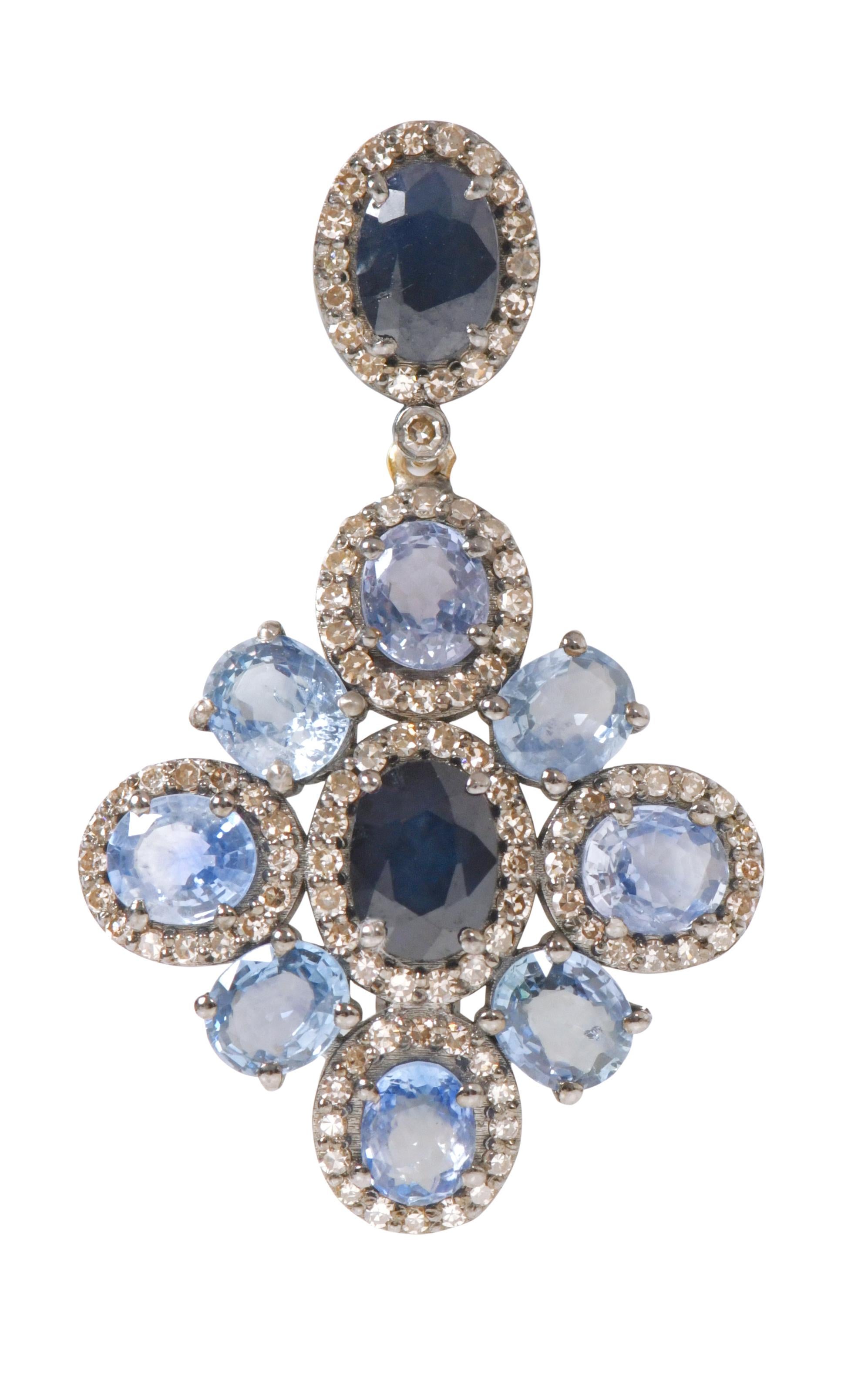 14.17 Carat Blue Sapphire and Diamond Dangle Earrings in Art-Deco Style For Sale 2