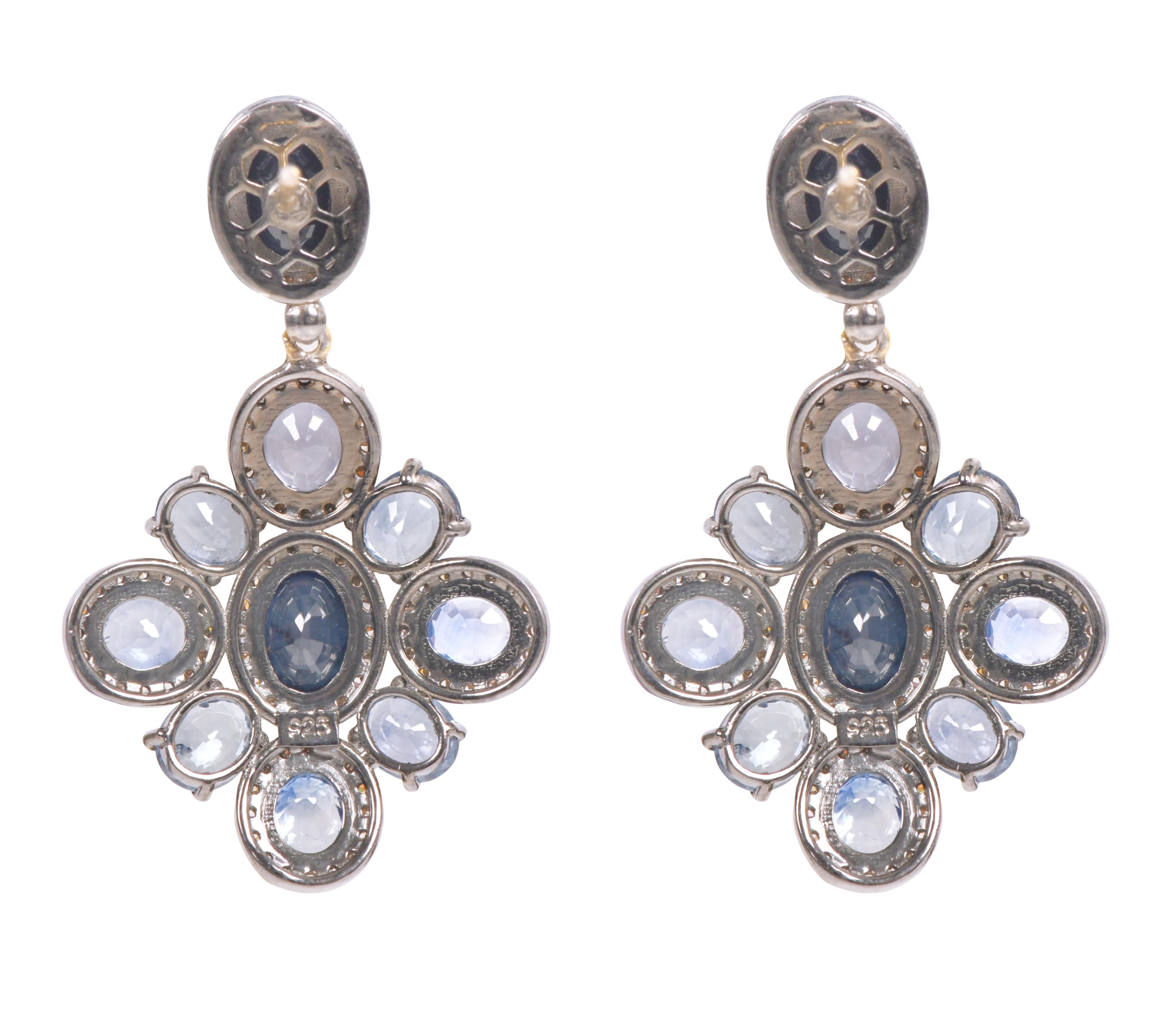 14.17 Carat Blue Sapphire and Diamond Dangle Earrings in Art-Deco Style For Sale 3