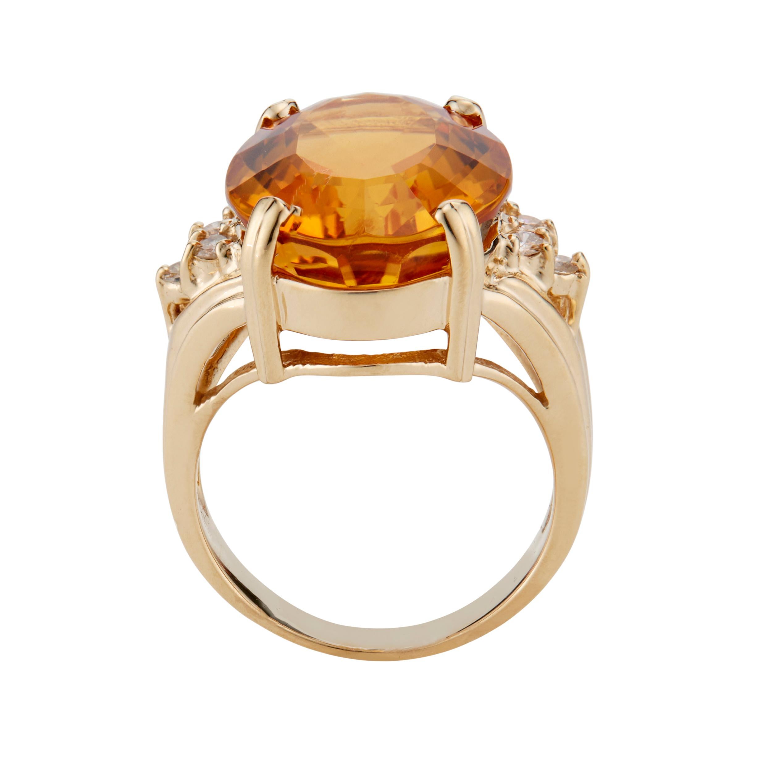 14.17 Carat Citrine Diamond Yellow Gold Cocktail Ring In Excellent Condition In Stamford, CT