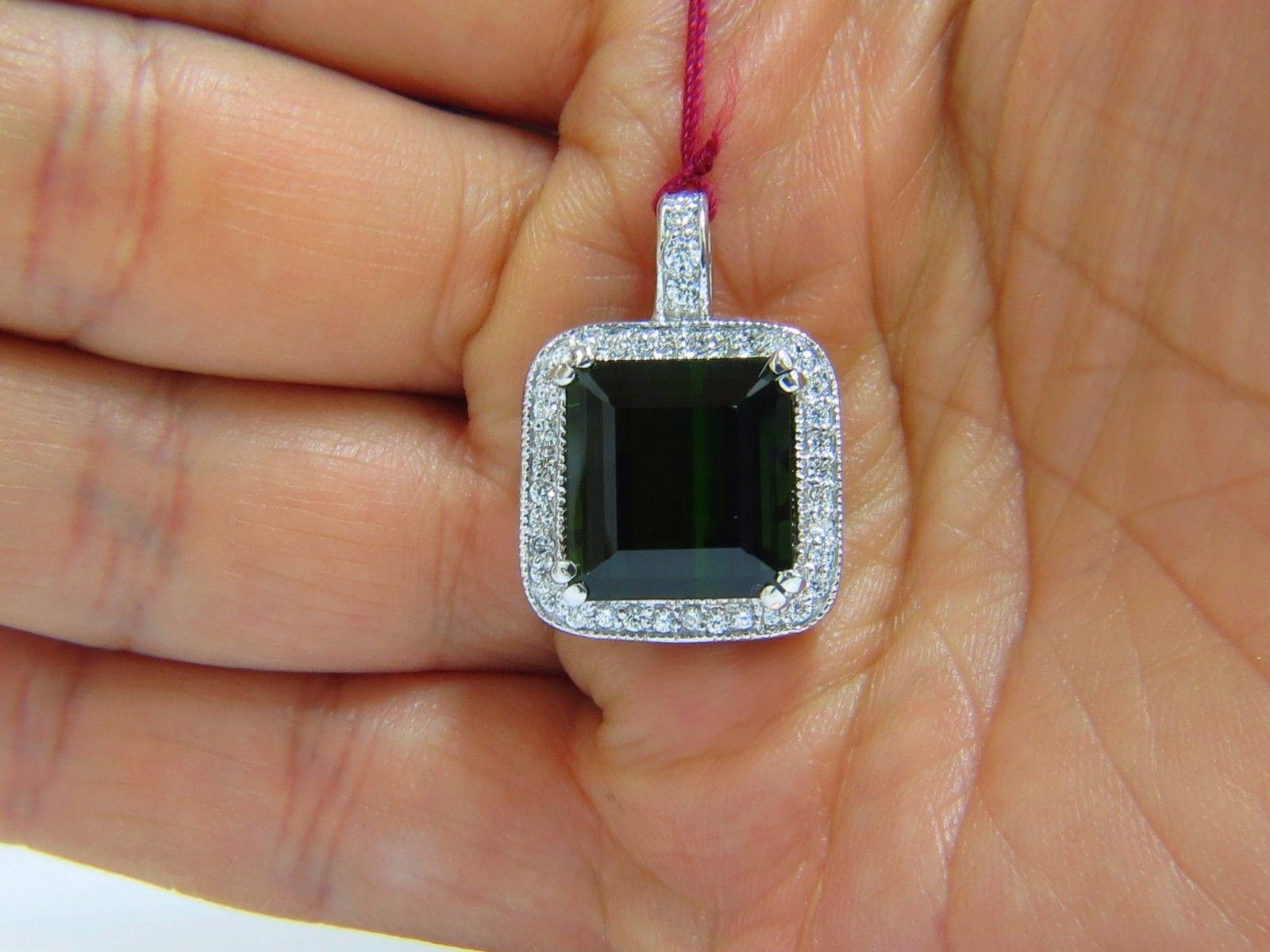 Emerald Cut 14.17 Carat GIA Vivid Lush Forest Green Tourmaline Diamonds Halo Pendant