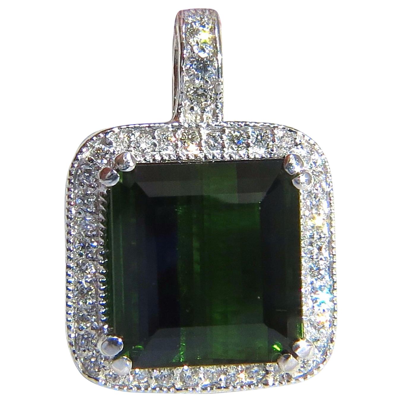 14.17 Carat GIA Vivid Lush Forest Green Tourmaline Diamonds Halo Pendant