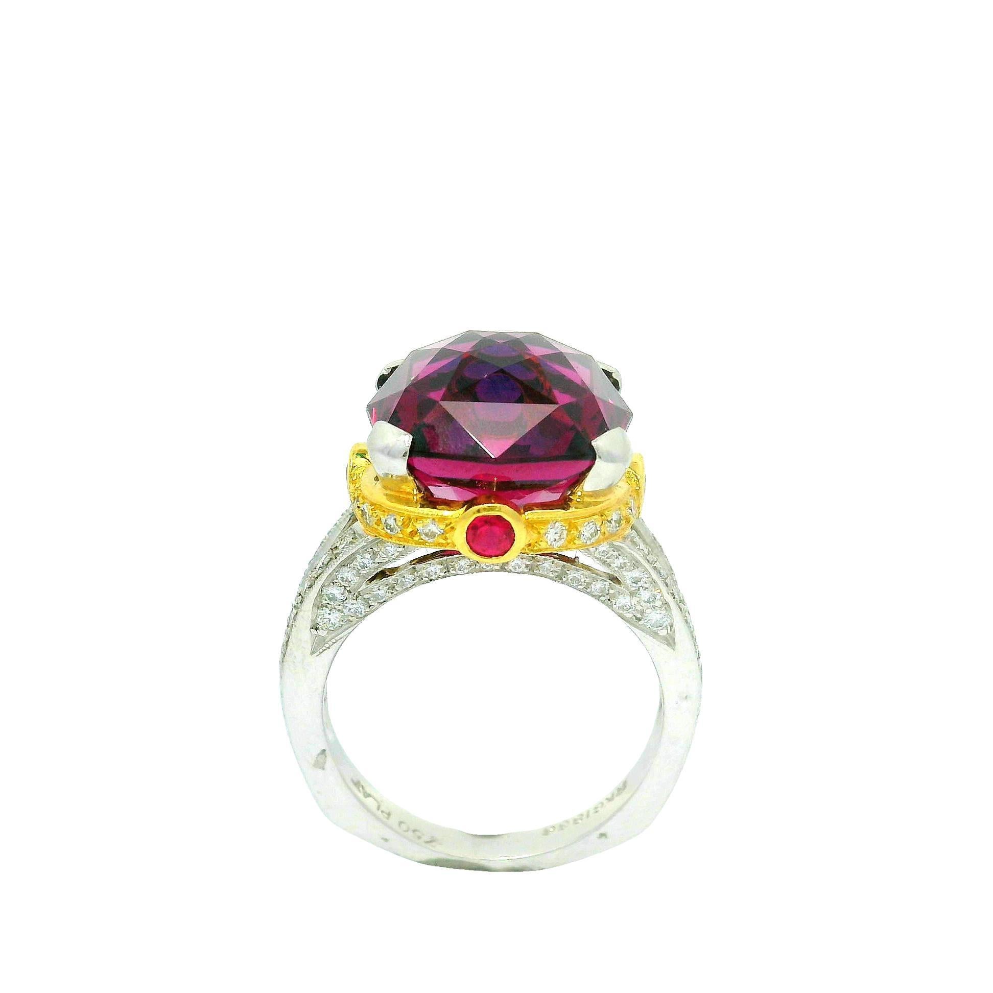 Women's 14.18 Carat Gem Rhodolite Garnet Diamond Platinum & 18k Yellow Gold Ring For Sale