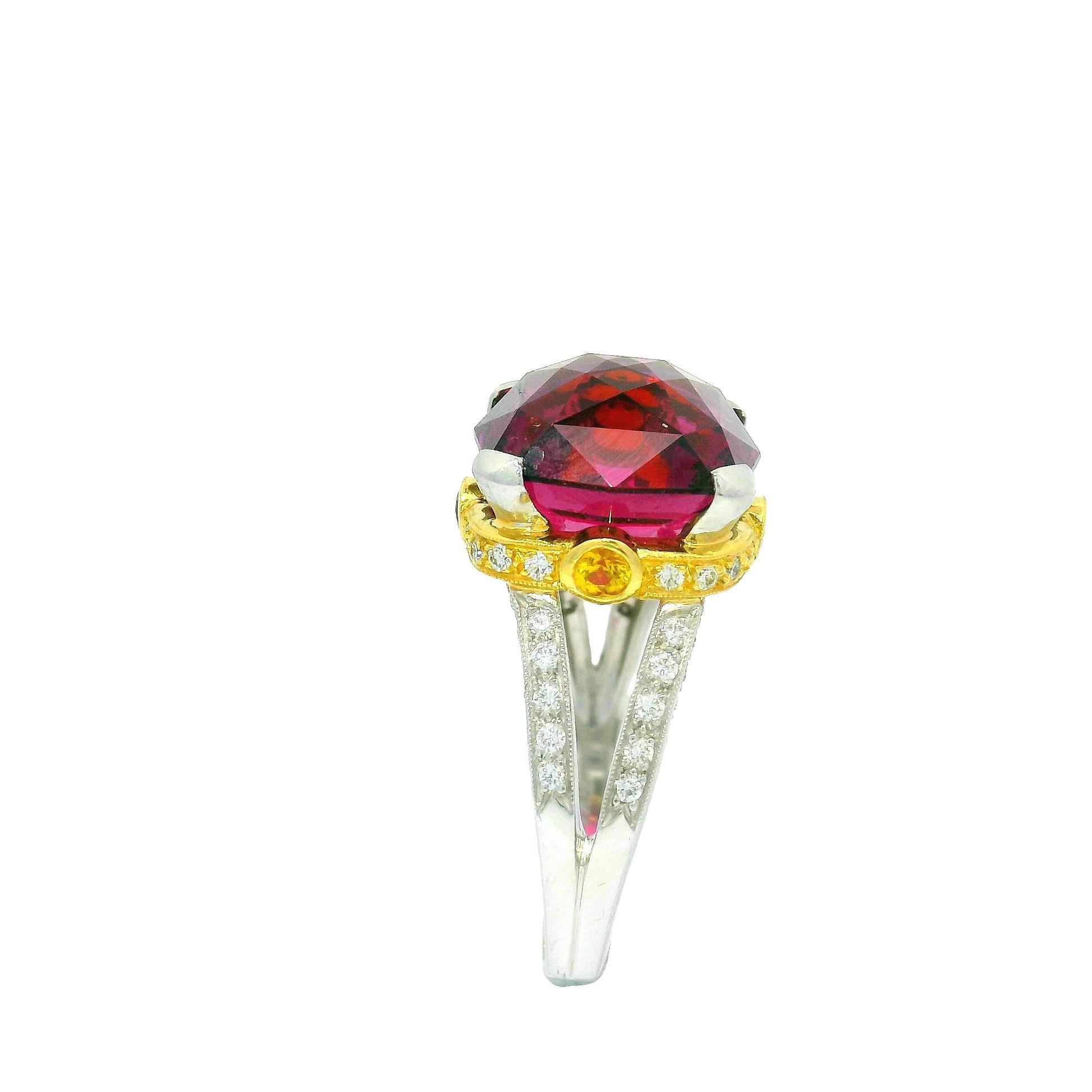 14.18 Carat Gem Rhodolite Garnet Diamond Platinum & 18k Yellow Gold Ring For Sale 2