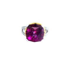 Anillo de oro amarillo de 18 quilates y platino con diamantes y granate rodolita gema de 14,18 quilates