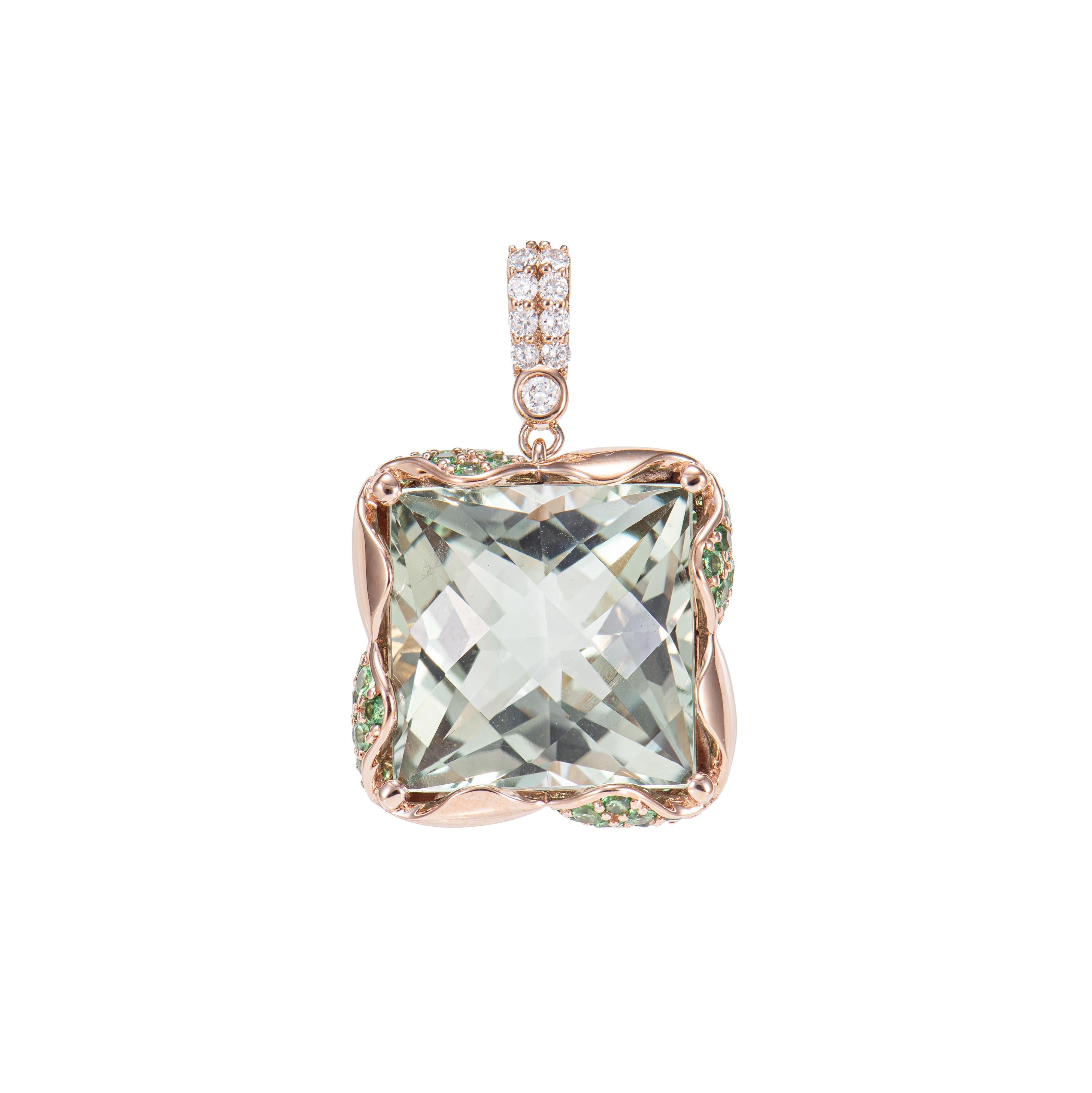 Contemporary 14.18 Carat Mint Quartz Pendant in 18KRG with Tsavorite and White Diamond. For Sale