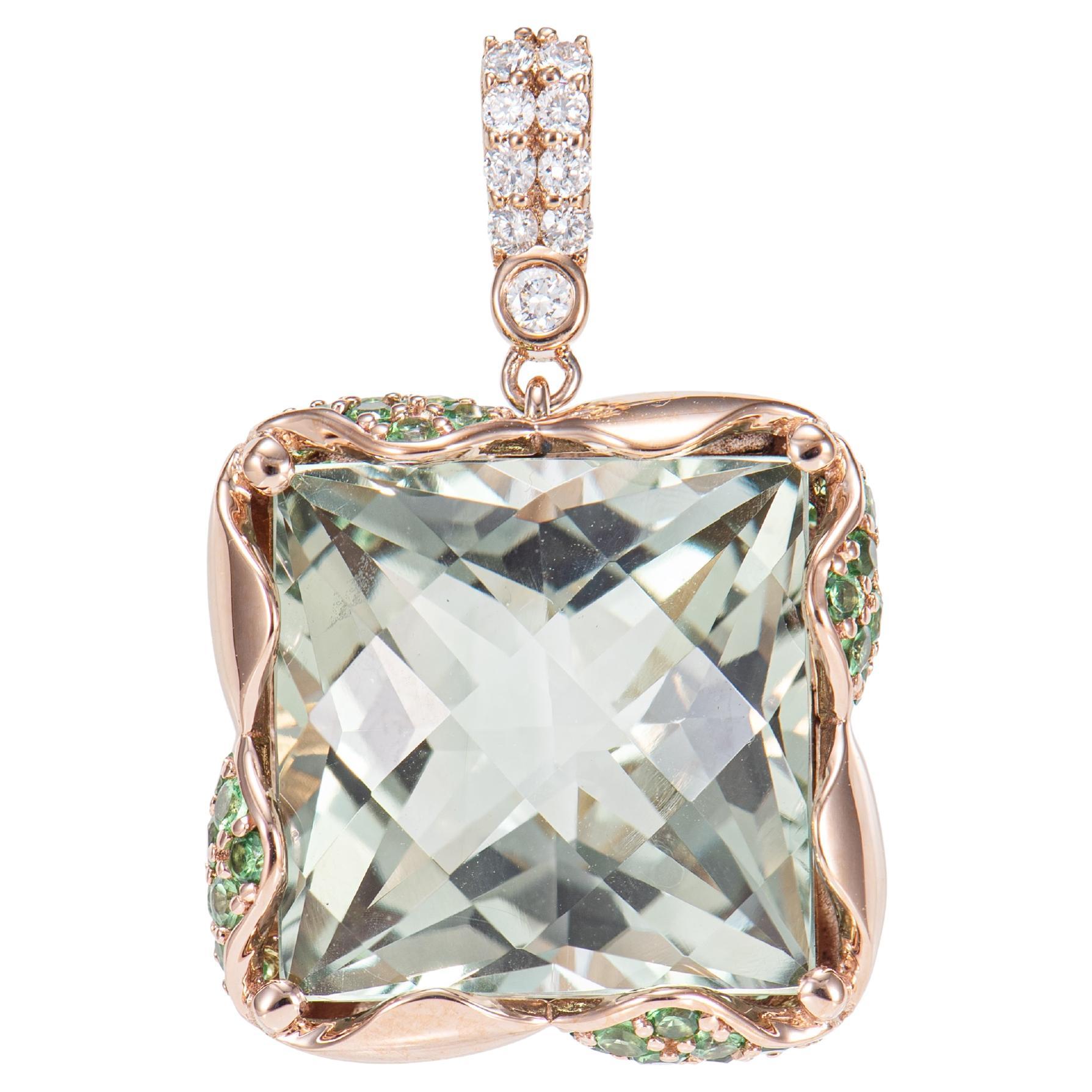 Pendentif en quartz menthe de 14,18 carats 18 carats avec tsavorite et diamant blanc.