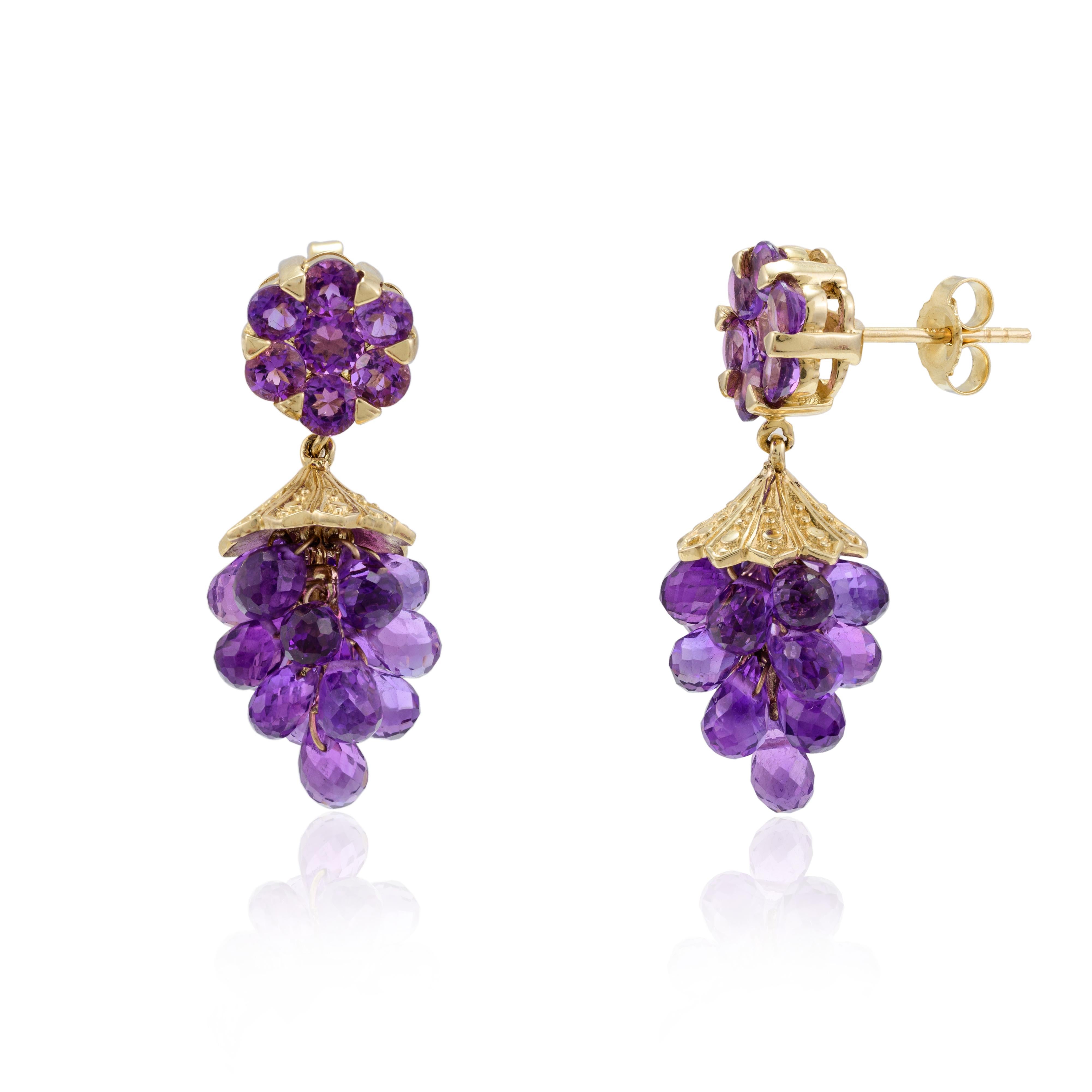 Modern 14.18 Carats Amethyst Gemstone Grapes Dangle Earrings 14k Solid Yellow Gold For Sale