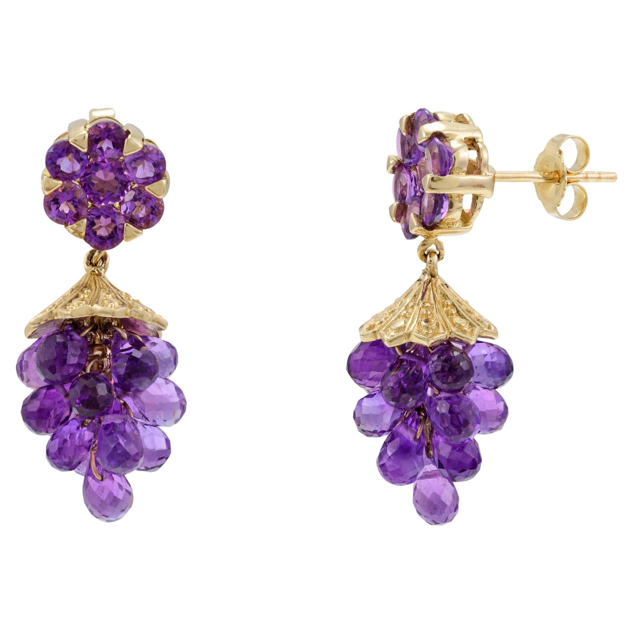 14.18 Carats Amethyst Gemstone Grapes Dangle Earrings 14k Solid Yellow Gold For Sale