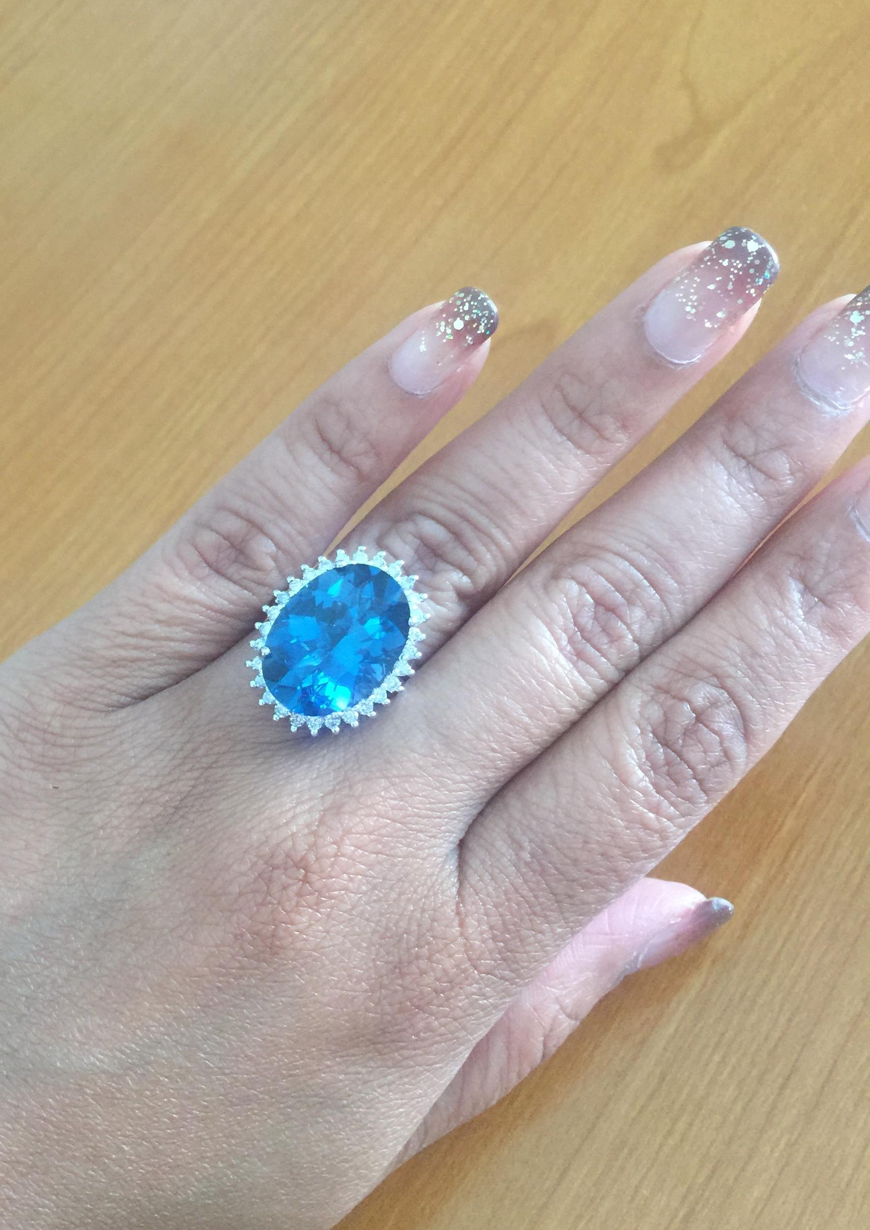 14.19 Carat Blue Topaz Diamond White Gold Cocktail Ring In New Condition In Los Angeles, CA